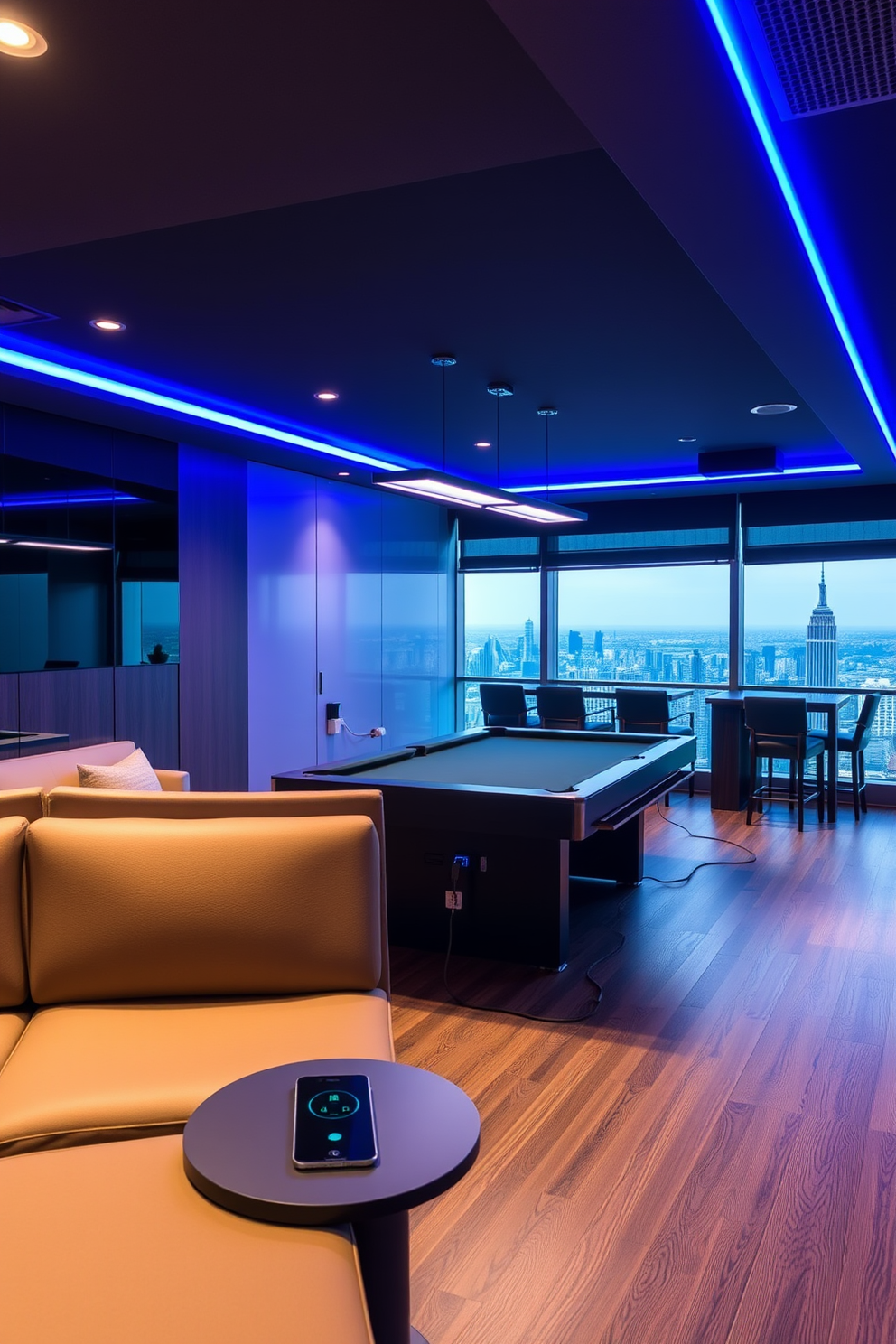 A modern high-rise game room featuring tech-friendly charging stations seamlessly integrated into the design. The room includes a sleek pool table, comfortable seating areas with built-in USB ports, and vibrant LED lighting to create an energetic atmosphere.