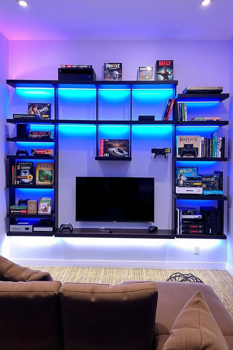 A modern game room featuring wall-mounted shelves designed for game storage. The shelves are crafted from dark wood and are neatly organized with various board games and gaming consoles. The room is accented with vibrant LED lighting that highlights the shelves and creates an inviting atmosphere. A comfortable sectional sofa is positioned in front of a large screen, perfect for gaming sessions with friends.