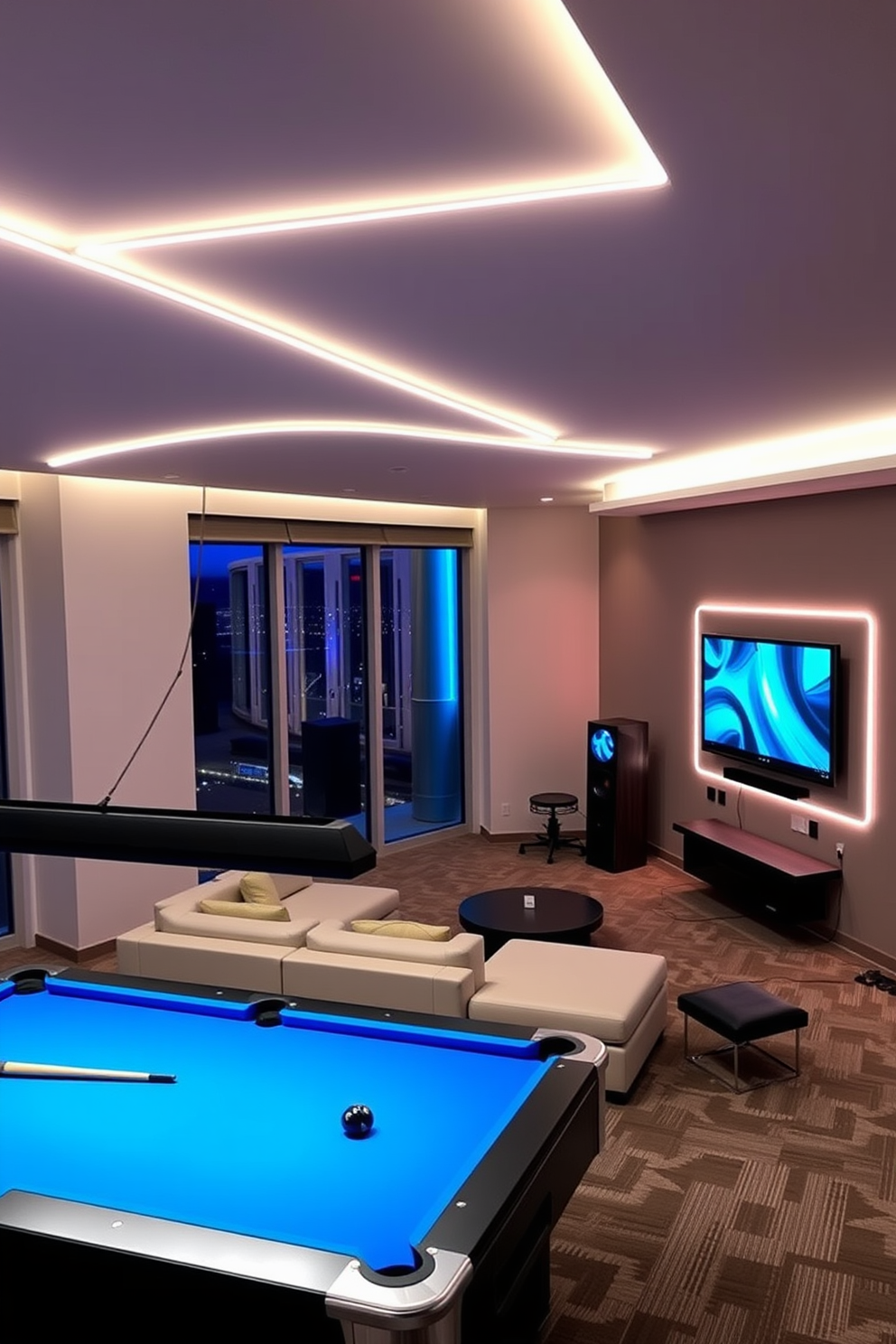 A highrise game room featuring sleek LED strip lighting that creates a modern and inviting ambiance. The space includes a large sectional sofa, a pool table, and a wall-mounted gaming console, all designed for comfort and entertainment.