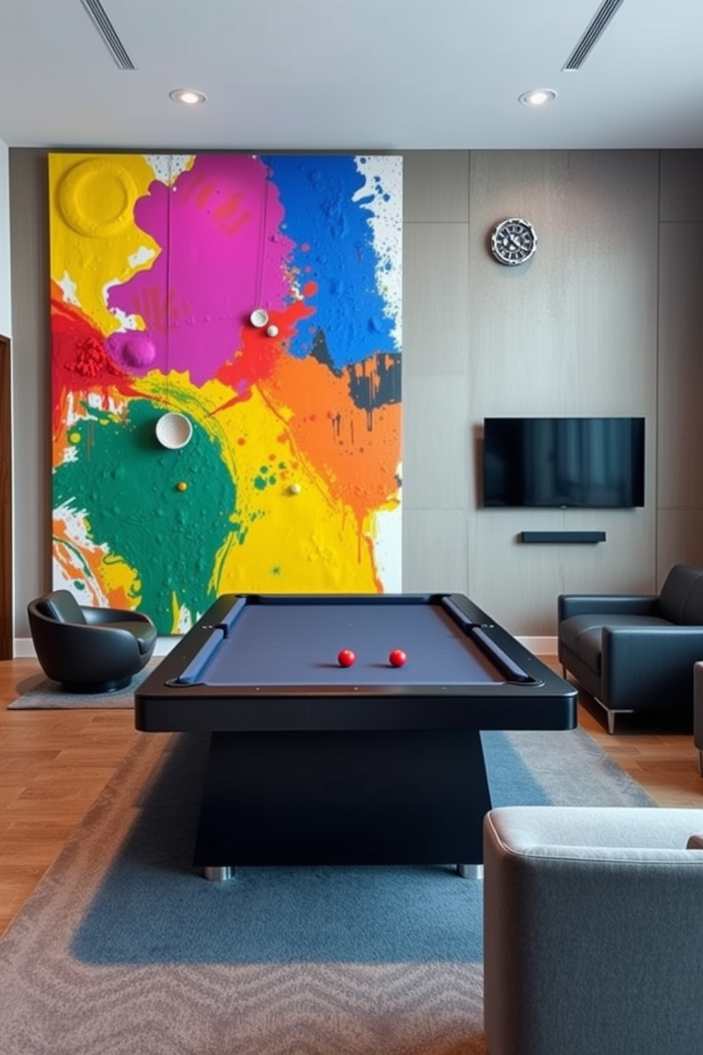 A vibrant highrise game room filled with colorful LED strip lighting effects that create a dynamic and playful atmosphere. The walls are adorned with modern artwork, and plush seating areas invite relaxation and social interaction.