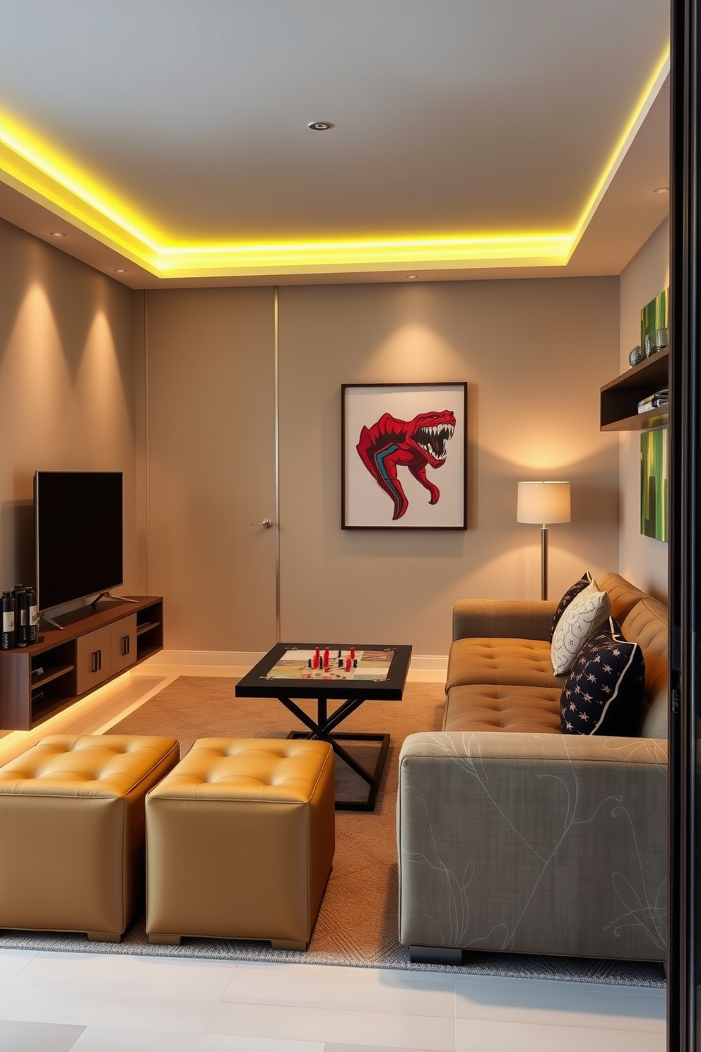 Create a stylish game room in a high-rise apartment featuring multi-functional furniture that maximizes space efficiency. Include a sleek wall-mounted gaming console, a foldable table for board games, and a comfortable sofa that converts into a bed for guests. Design an inviting atmosphere with vibrant wall art and ambient lighting. Incorporate storage solutions like ottomans with hidden compartments and shelves that blend seamlessly into the decor.