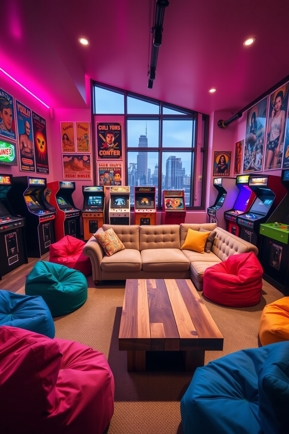 A vibrant game room filled with vintage arcade games as decor pieces. The walls are adorned with retro posters and neon lights, creating an energetic atmosphere. In the center, a plush sectional sofa offers comfortable seating, surrounded by colorful bean bags. A sleek coffee table made from reclaimed wood complements the playful decor, while a large window provides a stunning view of the city skyline.