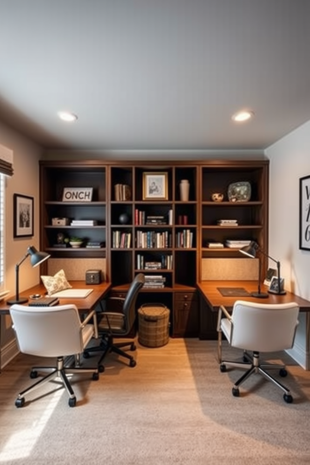 Cozy shared workspace with dual desks. The room features two stylish desks facing each other, each adorned with personalized decor and task lighting. His and Hers Home Office Design Ideas. The space is divided by a decorative bookshelf, with one side showcasing a modern aesthetic and the other embracing a warm, rustic charm.