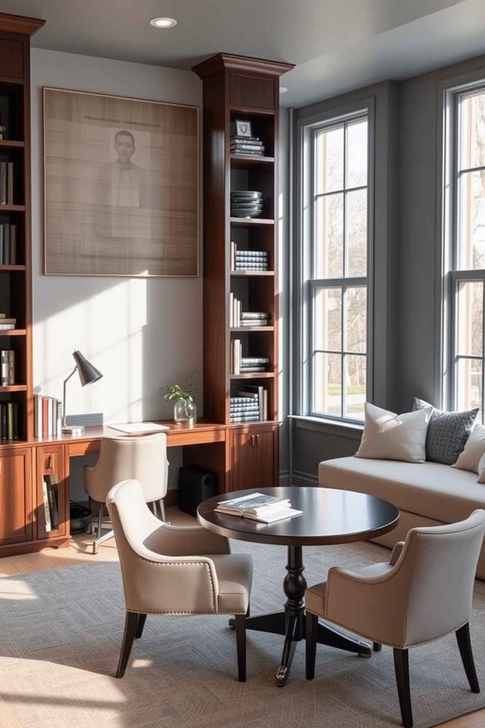 A modern home office featuring dual monitors for efficient multitasking. The workspace includes a sleek wooden desk with ergonomic chairs positioned on either side, creating a harmonious balance for both partners. The walls are adorned with inspiring artwork and a soft color palette of light grays and whites. Natural light floods the room through large windows, complemented by stylish desk lamps for evening work sessions.