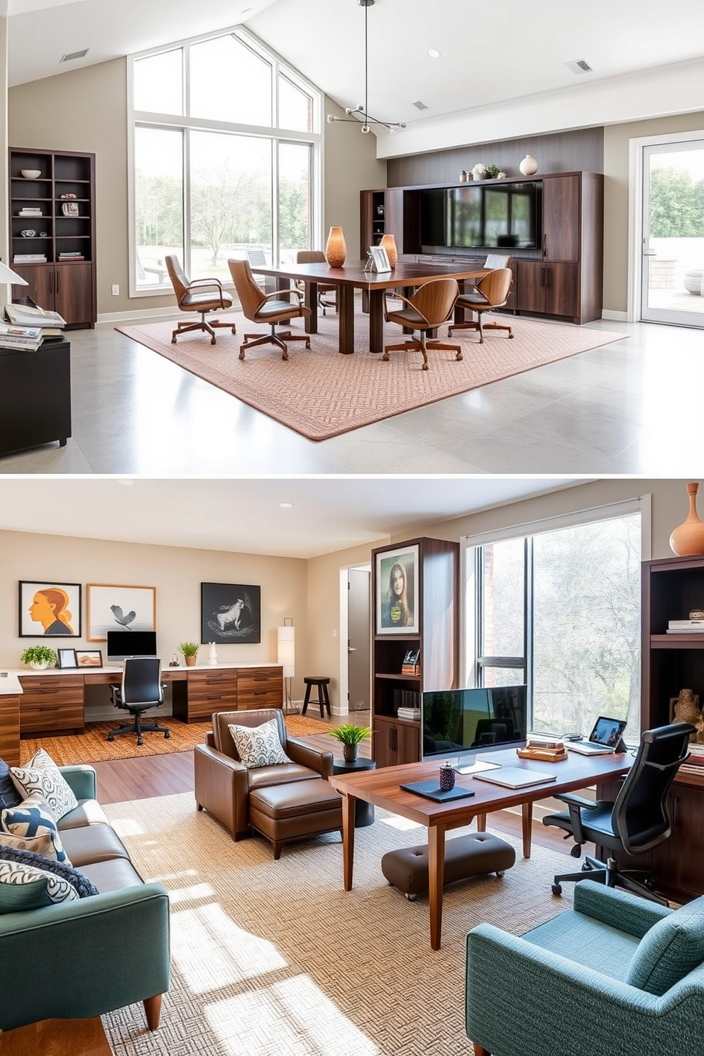 An open layout designed to promote collaboration and communication features a spacious area with large windows allowing natural light to flood in. The furniture arrangement includes a large central table surrounded by comfortable chairs, encouraging teamwork and interaction. His and Hers home office design ideas showcase two distinct workspaces that reflect individual styles while maintaining a cohesive aesthetic. Each office area includes personalized decor, ergonomic furniture, and ample storage solutions to enhance productivity and comfort.