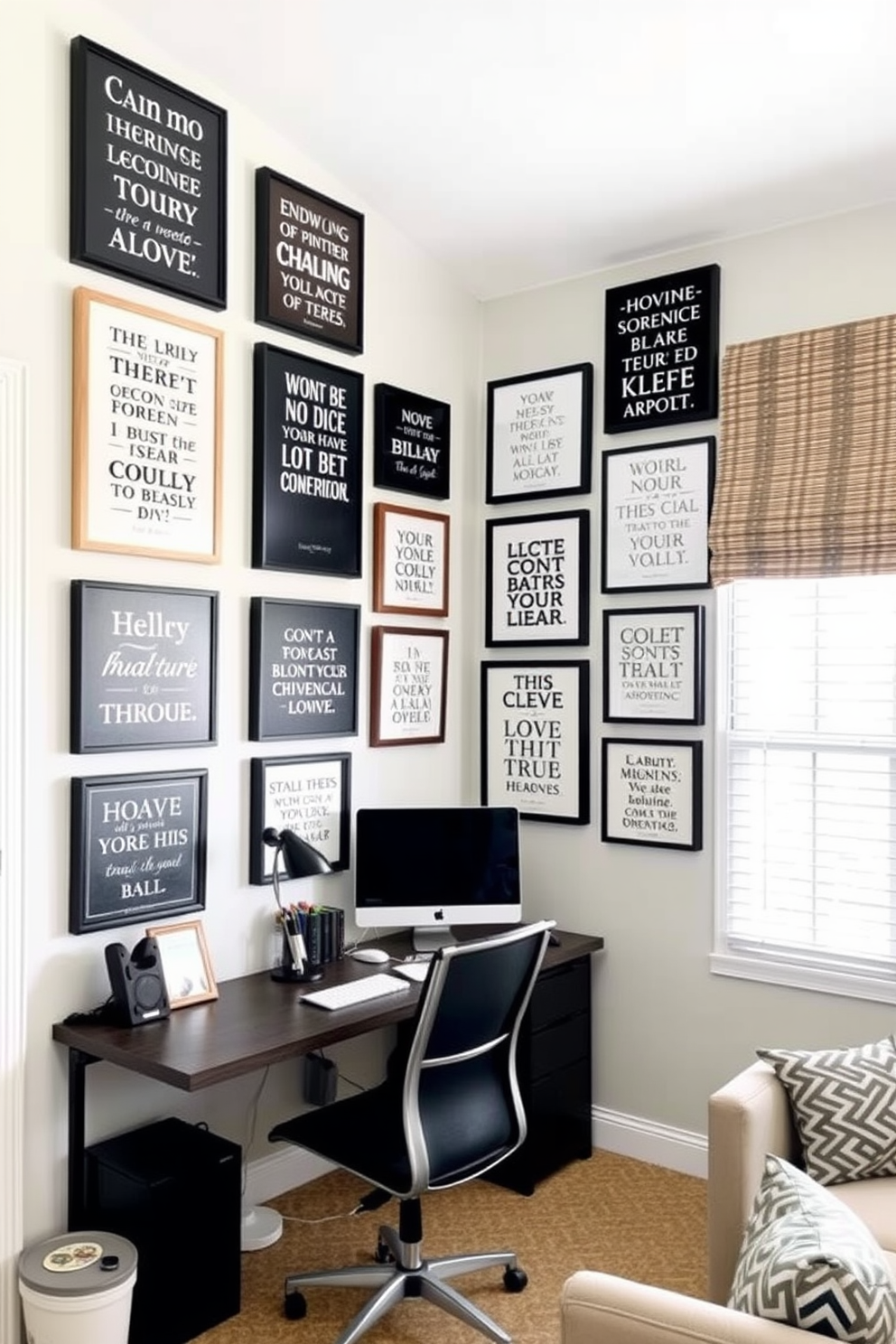 Accent wall with inspirational quotes. The wall is painted in a soft pastel color and features a gallery of framed quotes in varying typography and styles. His and Hers Home Office Design Ideas. Each workspace is tailored to individual preferences, with a blend of modern and classic elements, and includes ergonomic furniture and personalized decor.