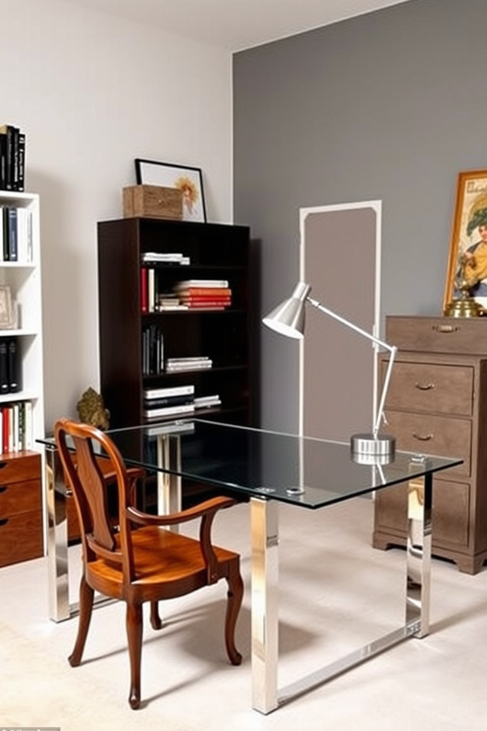 A stylish home office featuring a mix of modern and vintage furniture. The room includes a sleek glass desk paired with an antique wooden chair, creating a perfect blend of contemporary and classic elements. On one side, a modern bookshelf showcases a collection of books and decorative items, while on the other side, a vintage filing cabinet adds character. Soft lighting from a modern desk lamp illuminates the workspace, enhancing the inviting atmosphere.