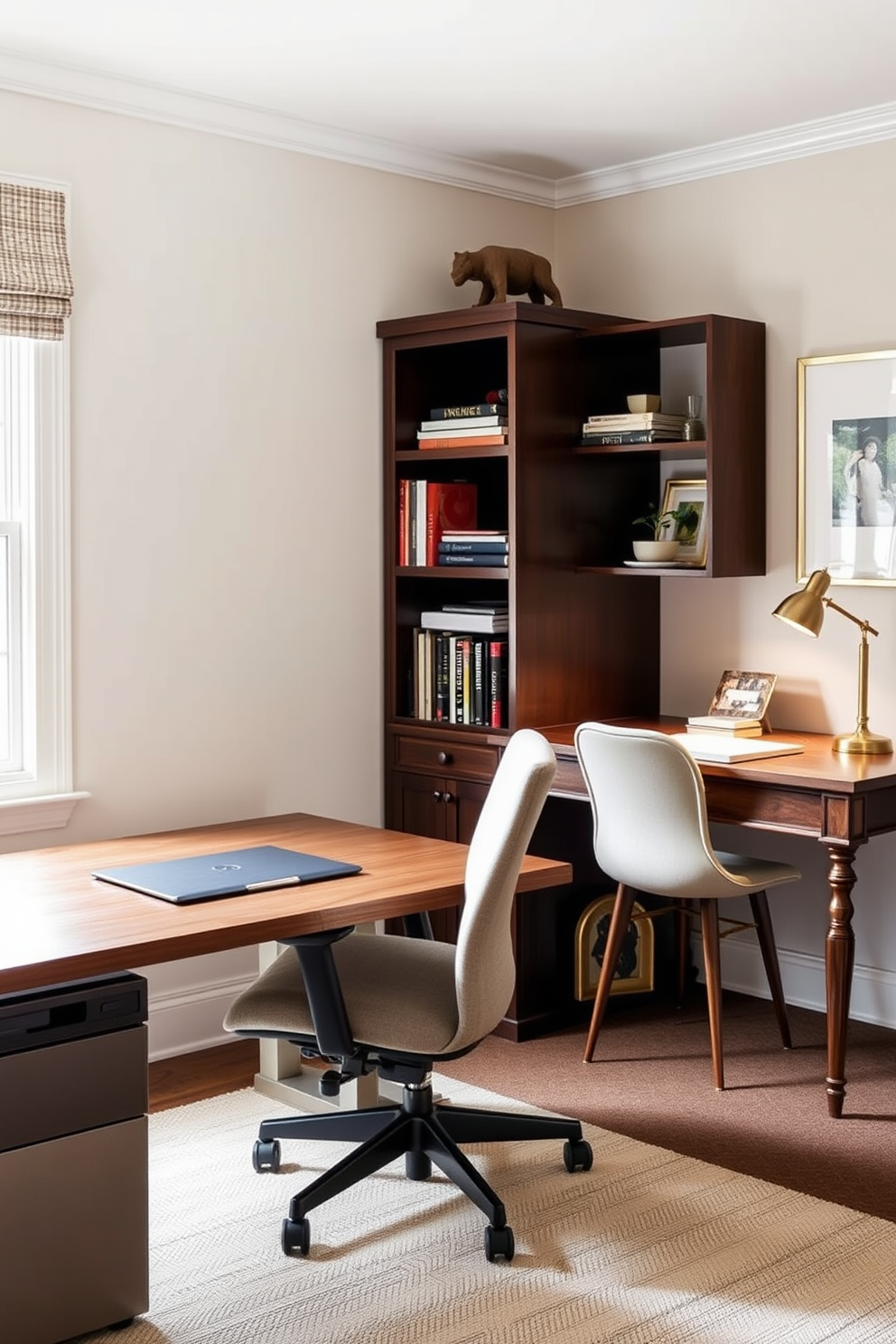 A stylish home office design featuring a small meeting space for collaborative work. The layout includes two elegant desks positioned opposite each other, with a round table in the center surrounded by comfortable chairs. Natural light floods the room through large windows adorned with sheer curtains. The walls are painted in a soft gray, complemented by colorful artwork that adds personality to the space.