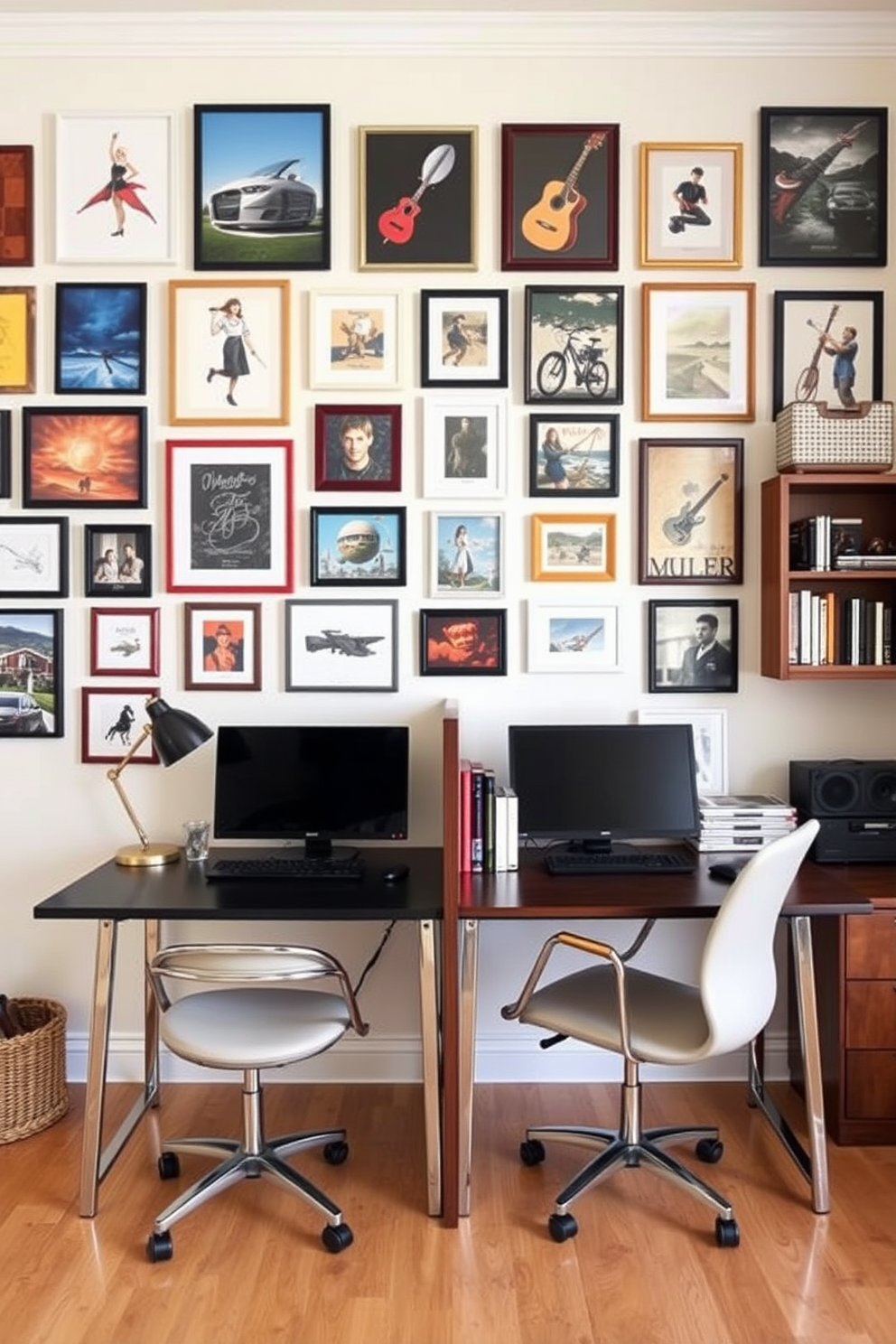 Artistic wall decor showcasing hobbies. A gallery wall filled with framed artwork and photographs representing various hobbies such as painting, photography, and music. His and Hers Home Office Design Ideas. A shared workspace featuring two distinct desks, one in a sleek modern style and the other in a cozy rustic design, separated by a stylish bookshelf.