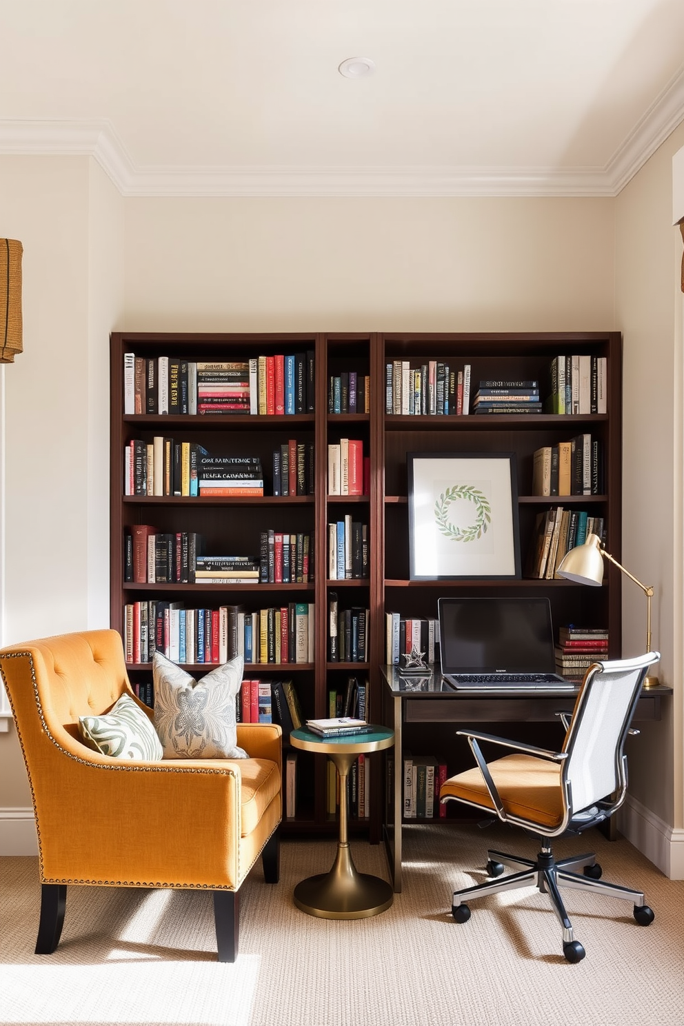 A shared bookshelf filled with favorite reads stands against a wall adorned with soft, neutral paint. The cozy nook is enhanced by a comfortable armchair and a small side table, creating an inviting space for reading. His and Hers home office design ideas feature two distinct workspaces that reflect individual styles. Each desk is positioned to maximize natural light, with personalized decor elements that inspire productivity and creativity.