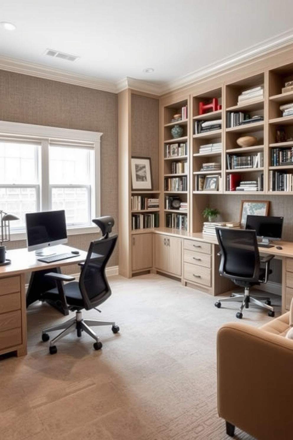 A stylish home office designed for soundproofing features wall-to-wall carpeting that absorbs noise and a set of large bookshelves filled with books and decor. Each workspace is equipped with ergonomic chairs, dual monitors, and personal touches like framed artwork and plants for a focused environment. The His and Hers home office design incorporates two distinct yet complementary work areas. Each side boasts custom-built desks, ample storage solutions, and a soothing color palette that promotes productivity and collaboration.