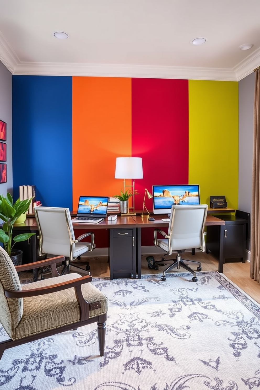 A stylish home office featuring dual task lamps providing focused lighting on sleek desks. The design incorporates personalized elements for each workspace, ensuring functionality and comfort for both users. Incorporate modern shelving units to maximize storage and display personal items. Use a neutral color palette with pops of color in accessories to create an inviting atmosphere.