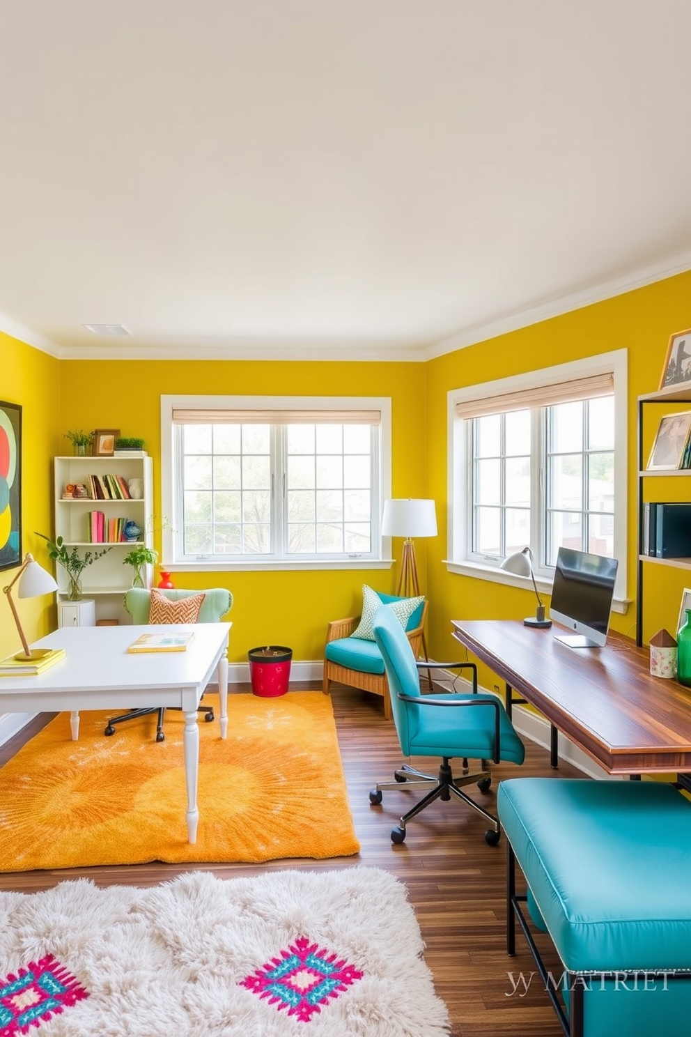 Bright colors for a cheerful atmosphere. The walls are painted in vibrant hues of yellow and turquoise, creating an uplifting backdrop. Colorful artwork adorns the walls, and a plush area rug in bold patterns adds warmth to the space. A mix of modern and vintage furniture pieces in lively shades completes the inviting ambiance. His and Hers Home Office Design Ideas. Each workspace features a personalized touch with distinct color schemes and decor styles. One side showcases a sleek, minimalist desk in white with gold accents, while the other boasts a rustic wooden desk paired with industrial-style shelving. Ample natural light floods the room through large windows, enhancing productivity and comfort.