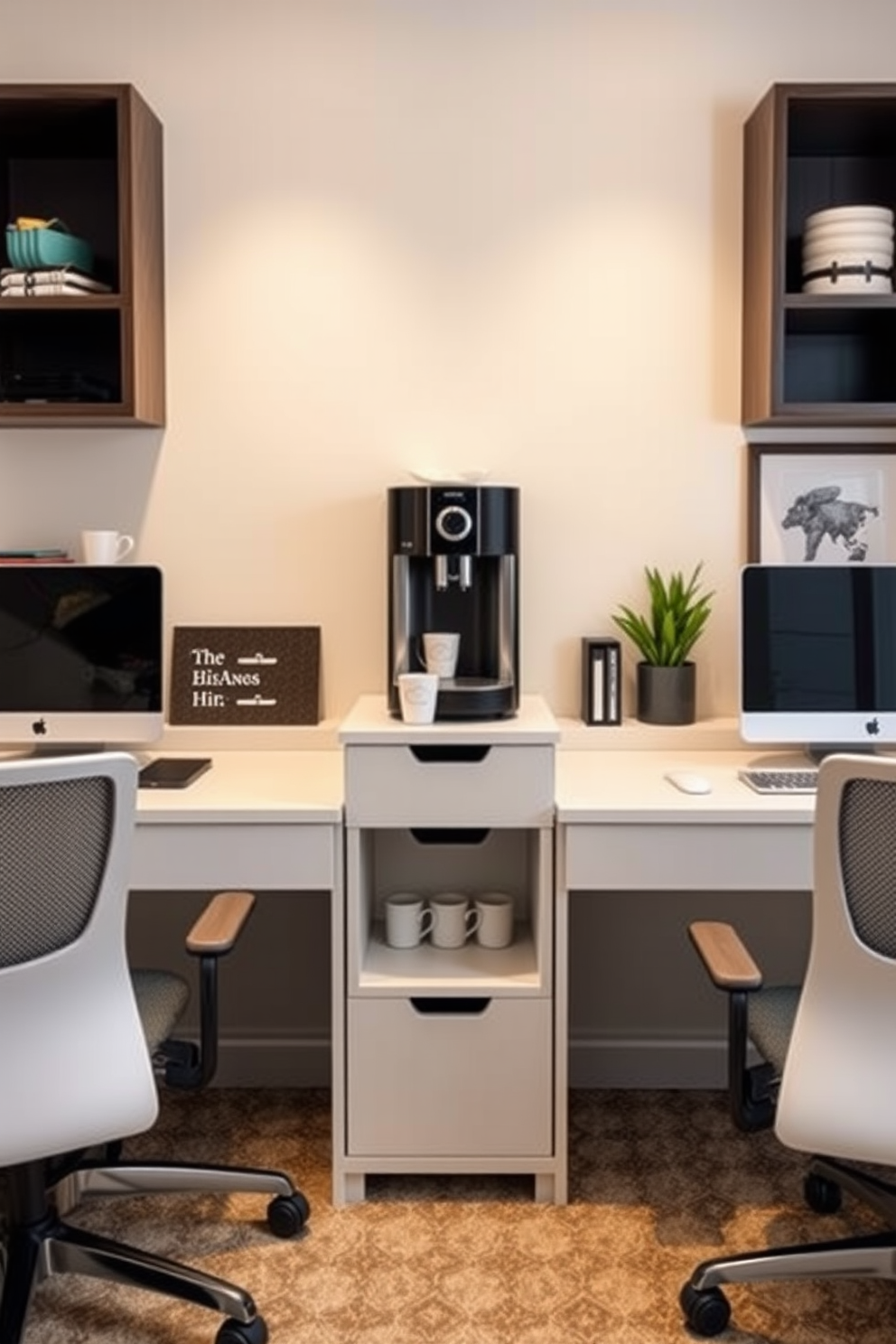 A stylish home office design featuring two distinct workspaces tailored for him and her. Each side boasts a modern desk with ergonomic chairs, complemented by personalized decor reflecting individual styles. Incorporate a coffee station conveniently located between the two work areas. The coffee station includes a sleek espresso machine, elegant mugs, and a small shelf for coffee supplies, enhancing the functionality of the space.