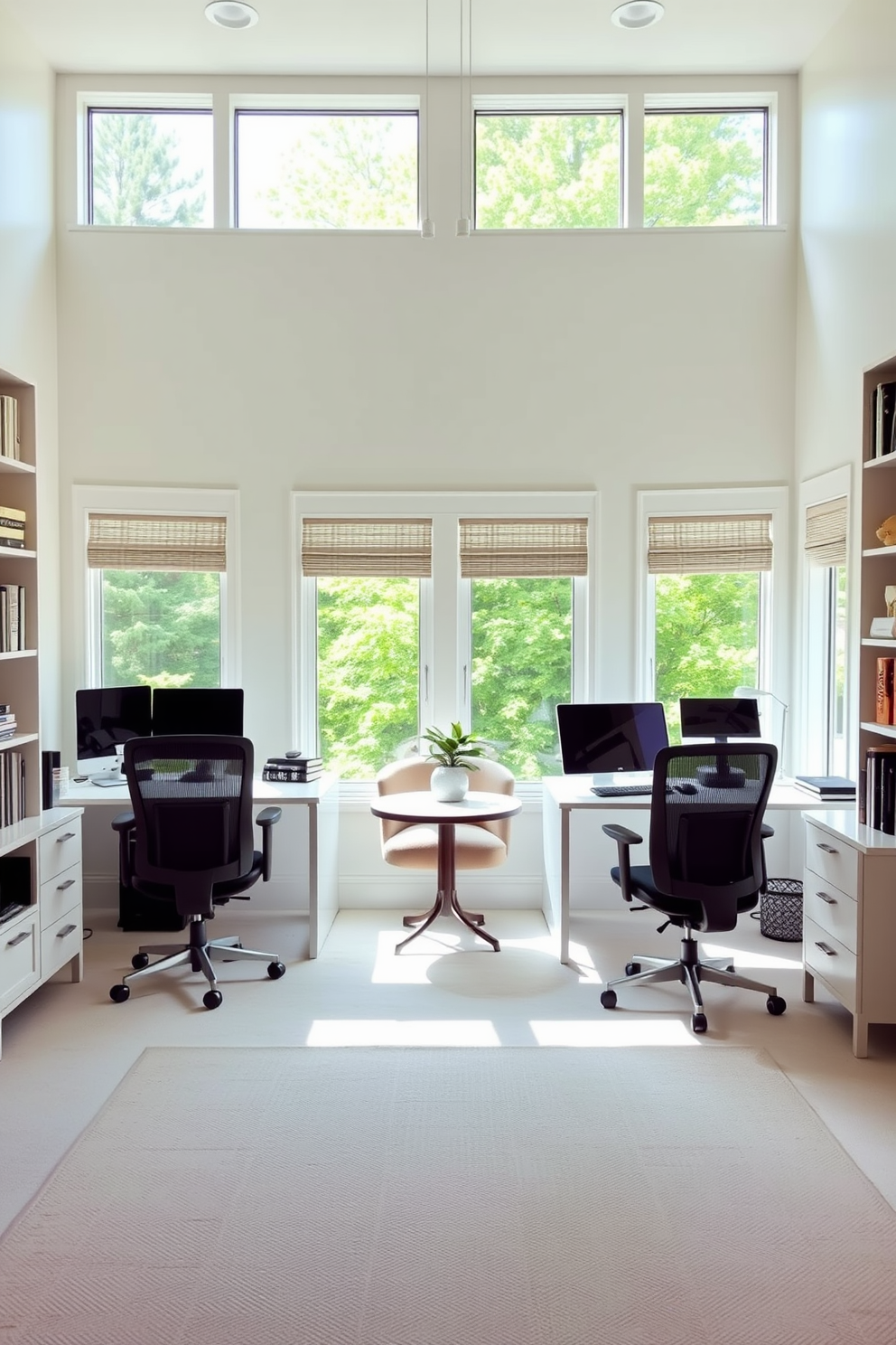 A bright and airy home office featuring large windows that invite natural light to flood the space. The design includes two separate workstations, each styled with ergonomic chairs and modern desks, complemented by shelves filled with books and decorative items. The walls are painted in a soft neutral tone to enhance the lightness of the room. A cozy seating area with a small round table is positioned near the windows for casual meetings or relaxation.