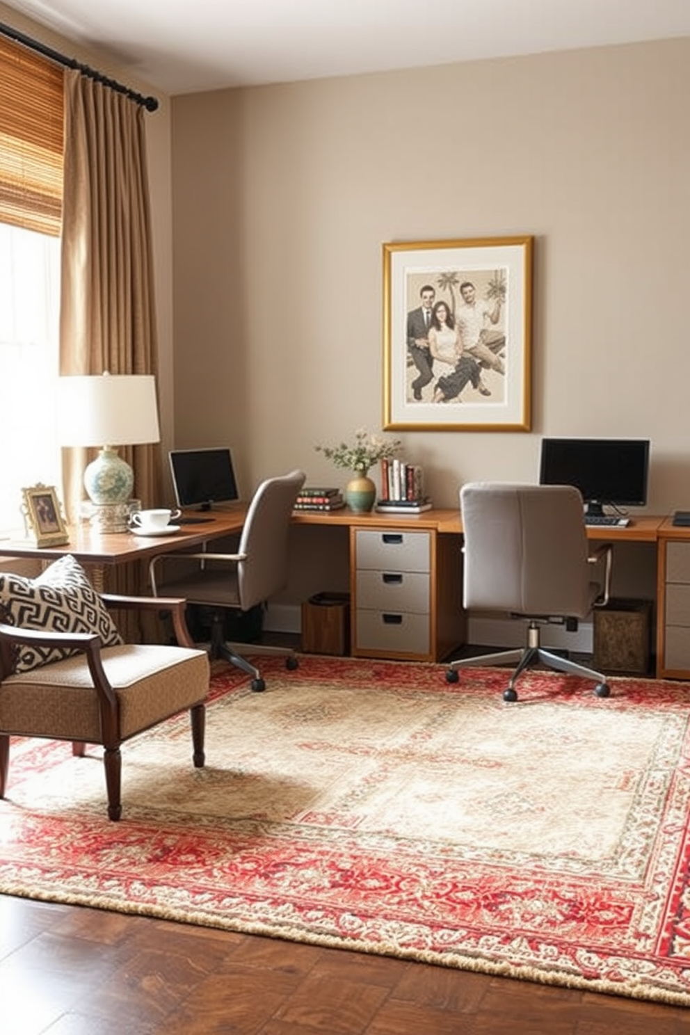 A cozy home office setting featuring soft textiles such as plush rugs and cushioned chairs. The color palette includes warm neutrals and gentle pastels to create a calming atmosphere. A functional and stylish his and hers home office design with matching desks and ergonomic chairs. Each workspace is personalized with unique decor elements that reflect individual styles while maintaining a cohesive look.