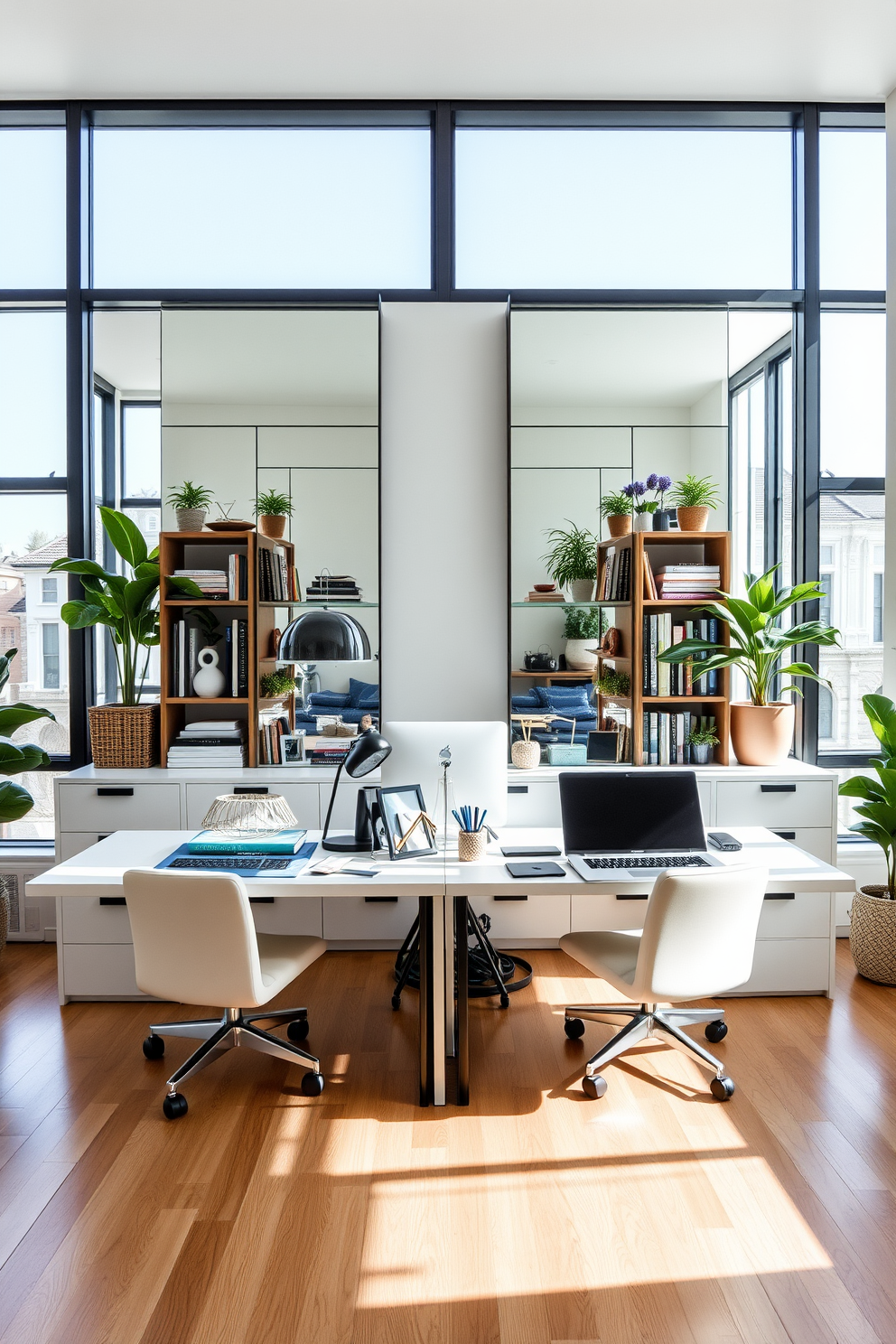 A stylish home office featuring a large shared desk positioned in front of a wall of windows. The room is illuminated by natural light, with strategically placed mirrors reflecting the view and enhancing the sense of space. Each side of the desk is personalized with unique decor, showcasing individual styles while maintaining a cohesive look. Shelving units filled with books and plants flank the mirrors, adding warmth and depth to the design.