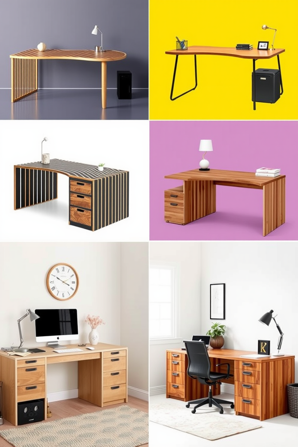 A collection of uniquely shaped desks that create visual interest. Each desk features distinct lines and materials, showcasing creativity and functionality. A stylish home office design that caters to both His and Hers needs. The space includes complementary decor elements that reflect individual styles while maintaining a cohesive look.