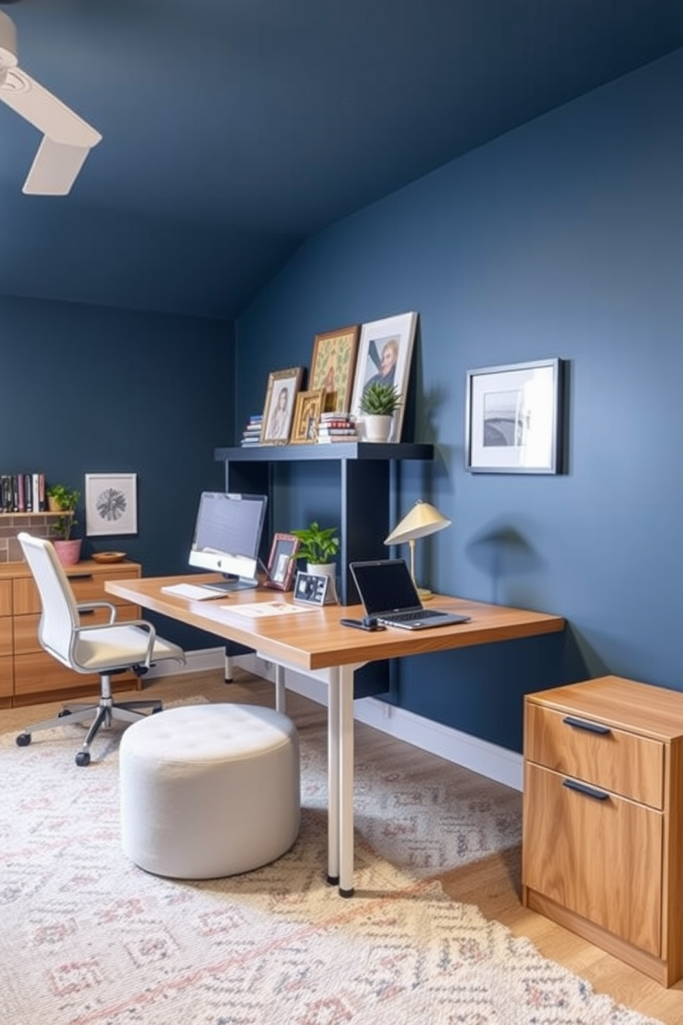 A modern home office with wall-mounted organizers that maximize space. The design features sleek shelves and compartments for books and office supplies, creating a clutter-free environment. His and Hers home office design ideas include two distinct workspaces that reflect individual styles. Each area is equipped with ergonomic chairs and personalized decor, ensuring both functionality and comfort.