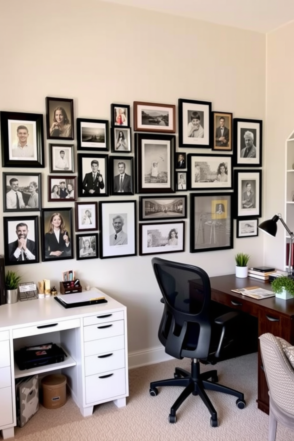 A stylish home office featuring a gallery wall filled with framed photos and artwork that reflect personal memories and achievements. The workspace includes two distinct areas, one for him with a dark wood desk and modern ergonomic chair, and one for her with a light-colored desk and a cozy reading nook. The walls are painted in a soft neutral tone, providing a calm backdrop for creativity. Each workspace is accessorized with stylish desk organizers, plants, and personalized decor items that enhance the overall aesthetic.