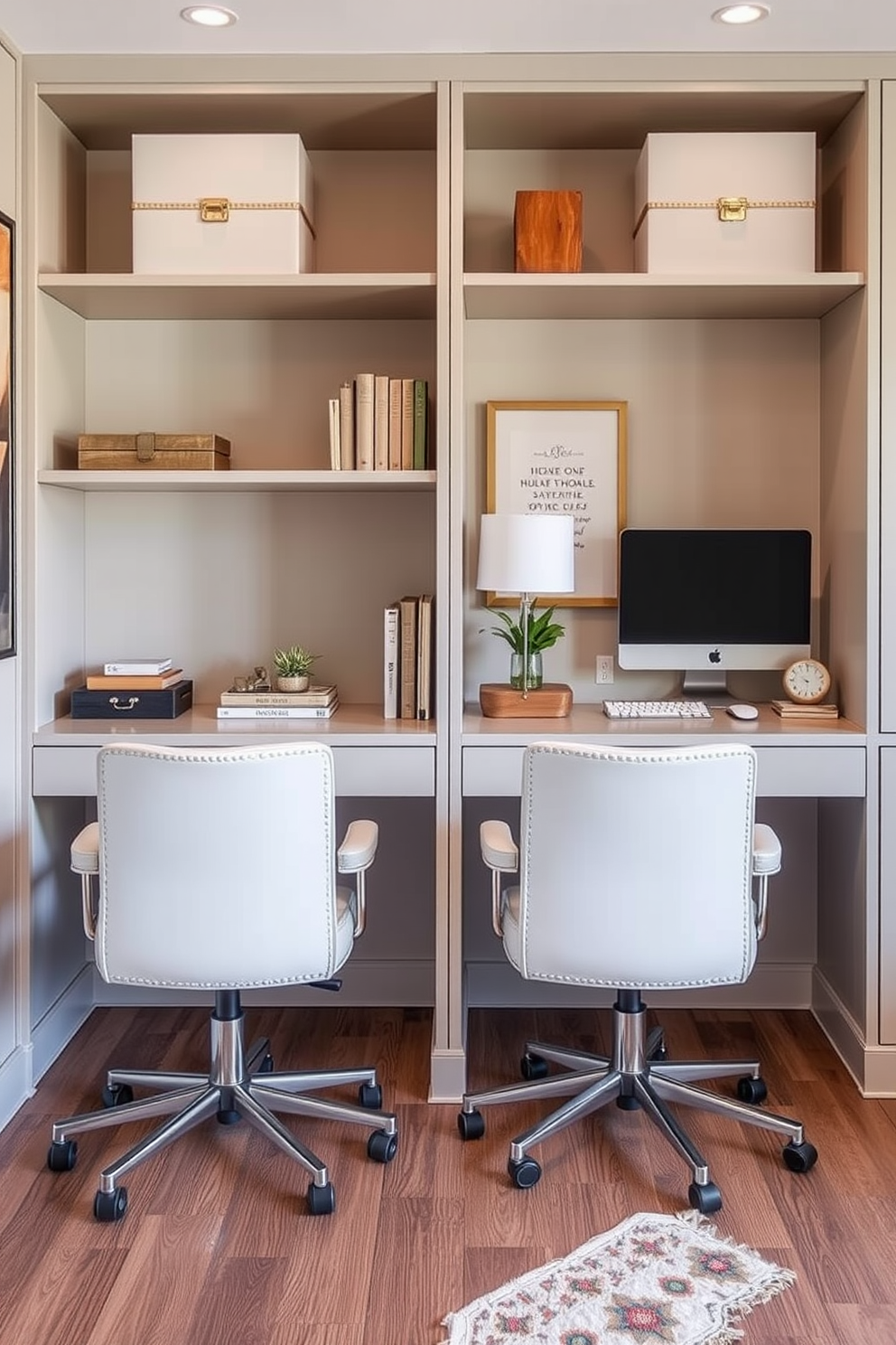 A unique home office design featuring bold color blocking with vibrant blue and soft yellow walls that create a dynamic visual interest. The desks are positioned opposite each other, each adorned with personalized decor that reflects individual styles. The workspace is illuminated by stylish pendant lights, casting a warm glow over the area. Comfortable ergonomic chairs in contrasting colors complete the setup, promoting productivity and collaboration.