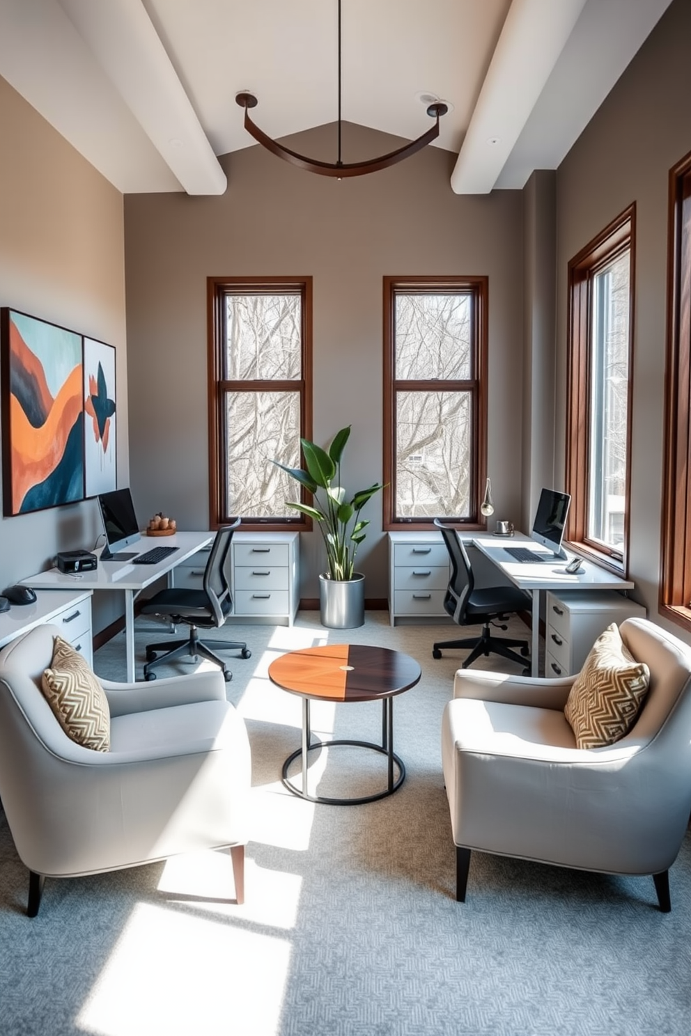 A stylish home office designed for both partners features a shared workspace with two sleek desks facing each other. Each desk is equipped with ergonomic chairs, and the walls are adorned with inspiring artwork in calming colors. The area includes a cozy seating nook with a small round table and two comfortable armchairs for informal meetings or brainstorming sessions. Natural light floods the space through large windows, and a potted plant adds a touch of greenery to enhance the atmosphere.