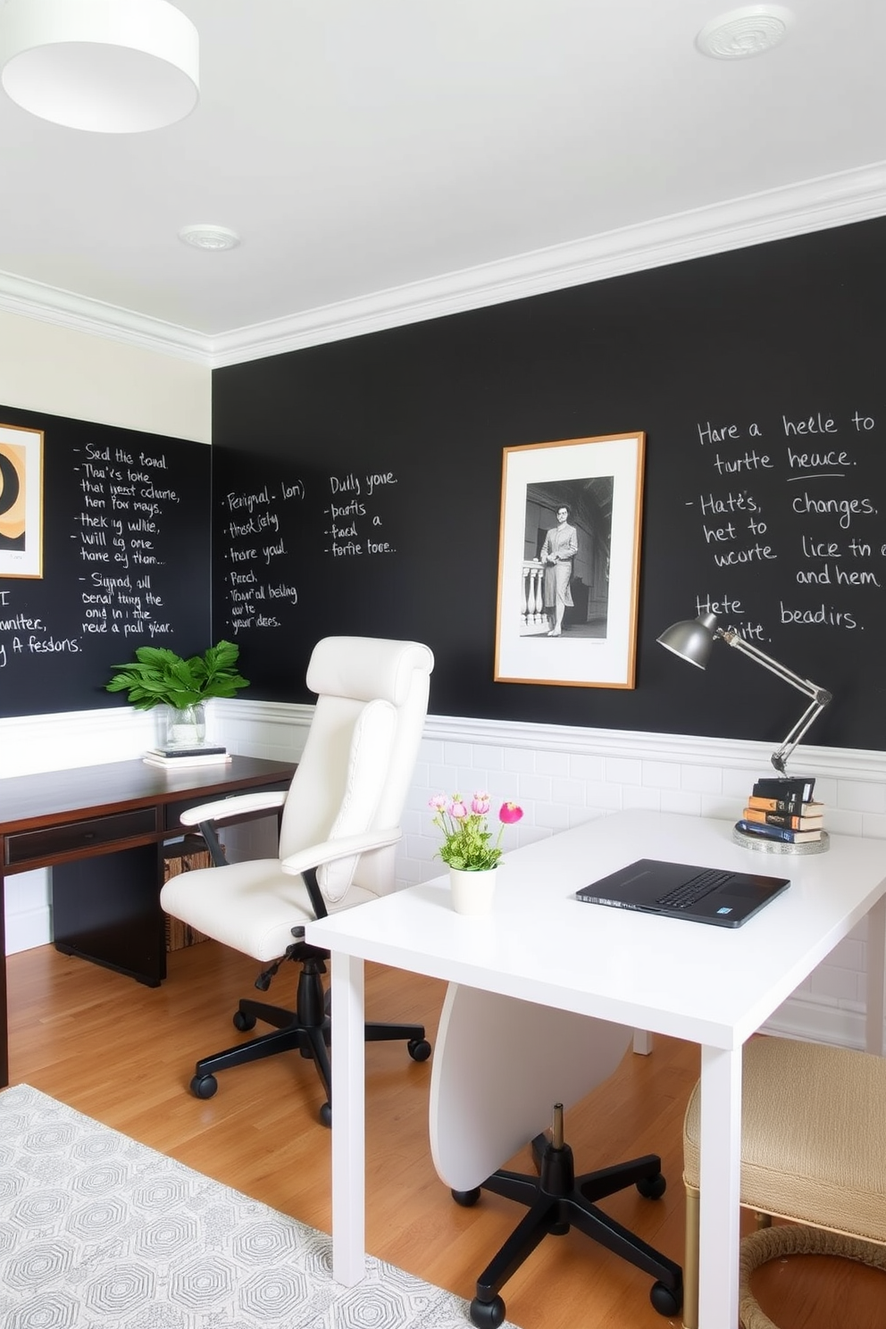 A modern home office featuring dual-purpose furniture that seamlessly blends work and relaxation. The room includes a stylish desk that doubles as a bookshelf, with ergonomic chairs that can be converted into lounge seating. His workspace is defined by a sleek, dark wood desk paired with a comfortable leather chair, while hers showcases a bright, white desk with a chic, pastel-colored chair. Both areas are adorned with personal touches like framed photos and potted plants, creating a harmonious balance between functionality and aesthetics.