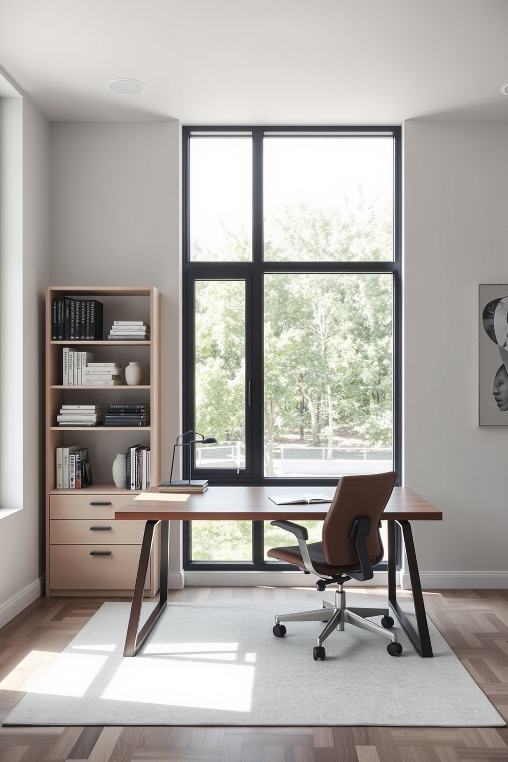 A minimalist home office features a sleek wooden desk with a simple ergonomic chair. Large windows allow natural light to flood the space, highlighting the neutral color palette of whites and grays. On one side of the room, a pair of modern bookshelves display neatly organized books and decorative items. The opposite wall showcases a subtle abstract art piece, adding a touch of personality to the serene environment.