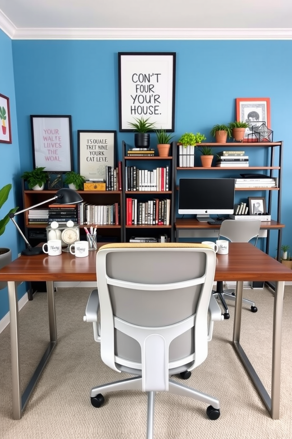 A stylish home office featuring personalized mugs and office supplies neatly arranged on a sleek wooden desk. The walls are painted in a calming blue hue, and a comfortable ergonomic chair is positioned in front of the desk, with motivational artwork displayed above. The His and Hers office space is designed for productivity and collaboration, showcasing two distinct workstations. Each area is adorned with unique decor that reflects individual styles, while a shared bookshelf filled with inspiring books and plants connects the two spaces harmoniously.