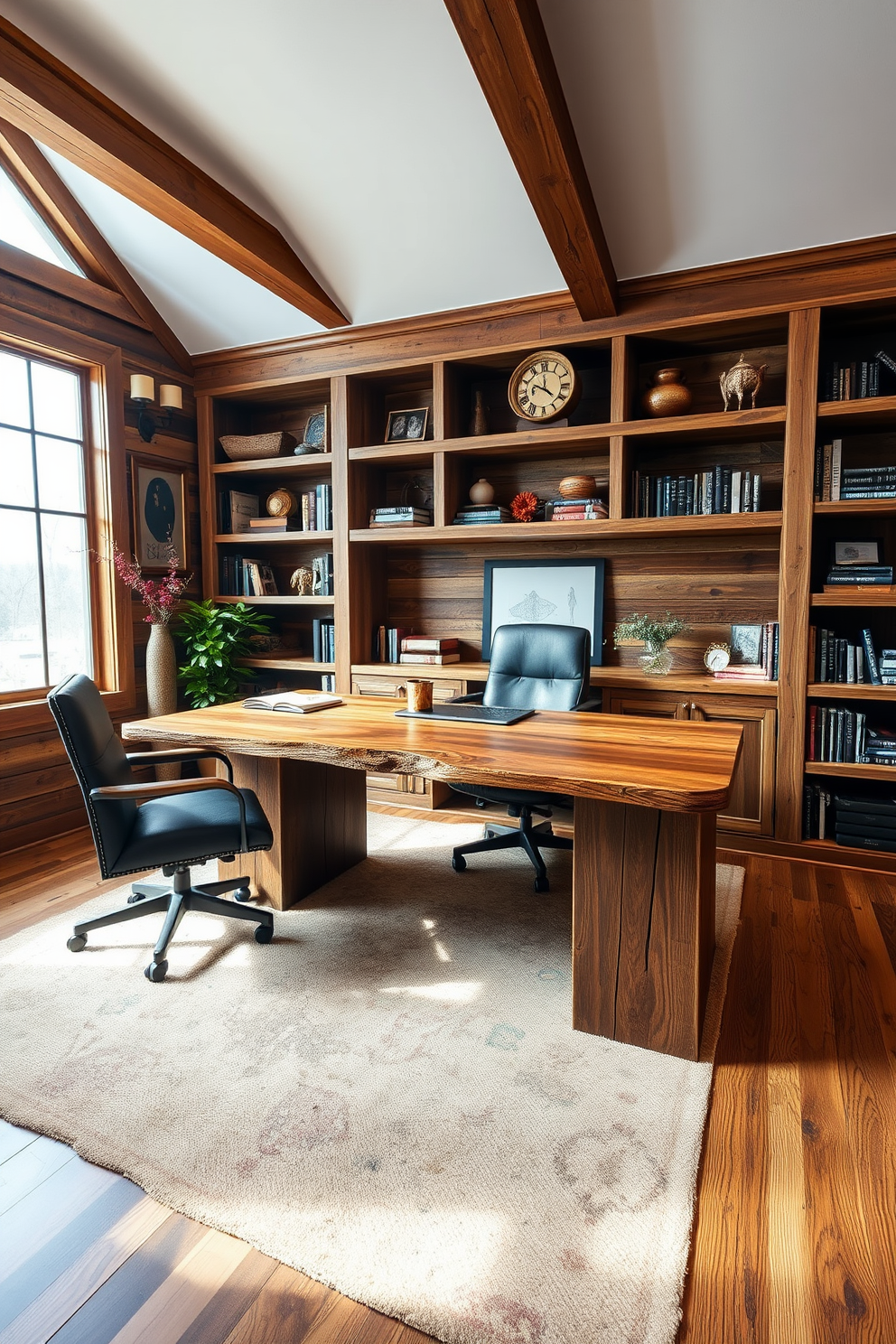 A cozy home office featuring rustic charm with wooden accents. The room is adorned with a large reclaimed wood desk, complemented by a pair of comfortable leather chairs. Natural light floods the space through large windows, highlighting the warm tones of the wood. Shelves made from reclaimed timber are filled with books and decorative items, creating an inviting and productive atmosphere.