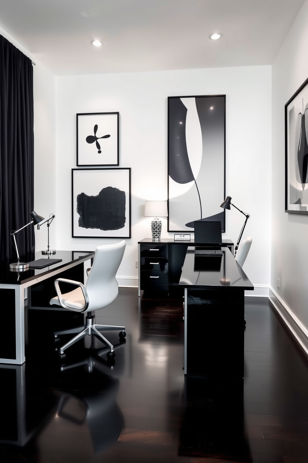 An elegant home office designed in a black and white color scheme features sleek black desks positioned side by side. The walls are adorned with minimalist black and white artwork, creating a sophisticated atmosphere while maintaining a sense of balance. The flooring is a polished dark wood that contrasts beautifully with the white furniture accents. Each desk is equipped with ergonomic chairs and stylish desk lamps, providing both comfort and functionality for productivity.