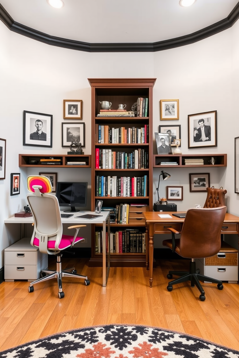 A stylish home office designed for two individuals, each workspace reflecting their unique personalities and preferences. One side features a modern desk with a sleek metal frame and a vibrant ergonomic chair, while the other showcases a vintage wooden desk paired with a classic leather chair. The walls are adorned with framed artwork and personal photographs that inspire creativity. A shared bookshelf filled with books and decorative items sits in the center, bridging the two distinct styles harmoniously.