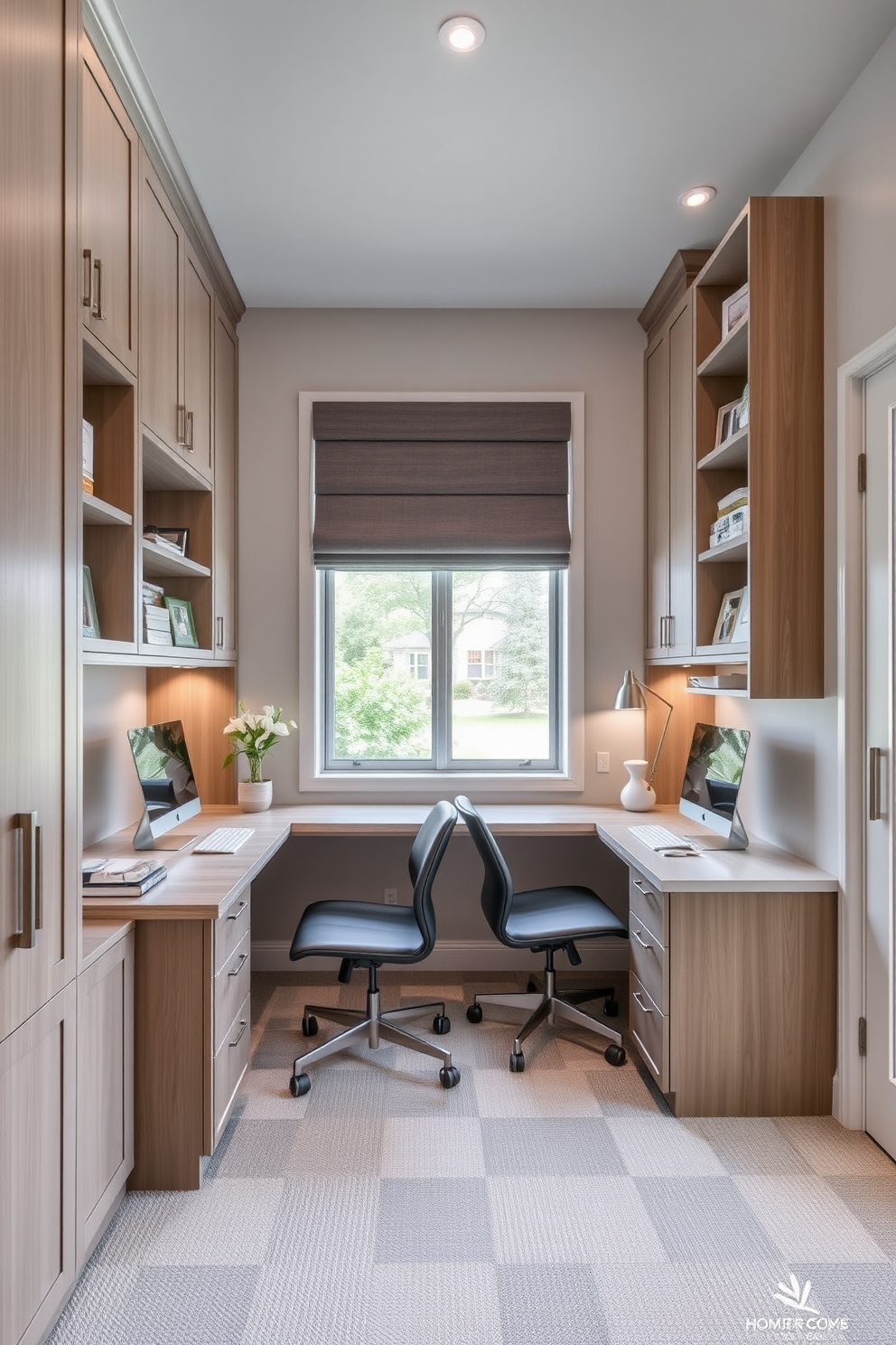 A serene home office space featuring lush greenery that enhances productivity and air quality. The room is filled with various plants, including tall potted palms and small succulents, strategically placed on shelves and desks. The design incorporates two distinct work areas for him and her, each with personalized decor. Elegant desks face each other, surrounded by comfortable ergonomic chairs, with warm lighting and inspiring artwork on the walls.