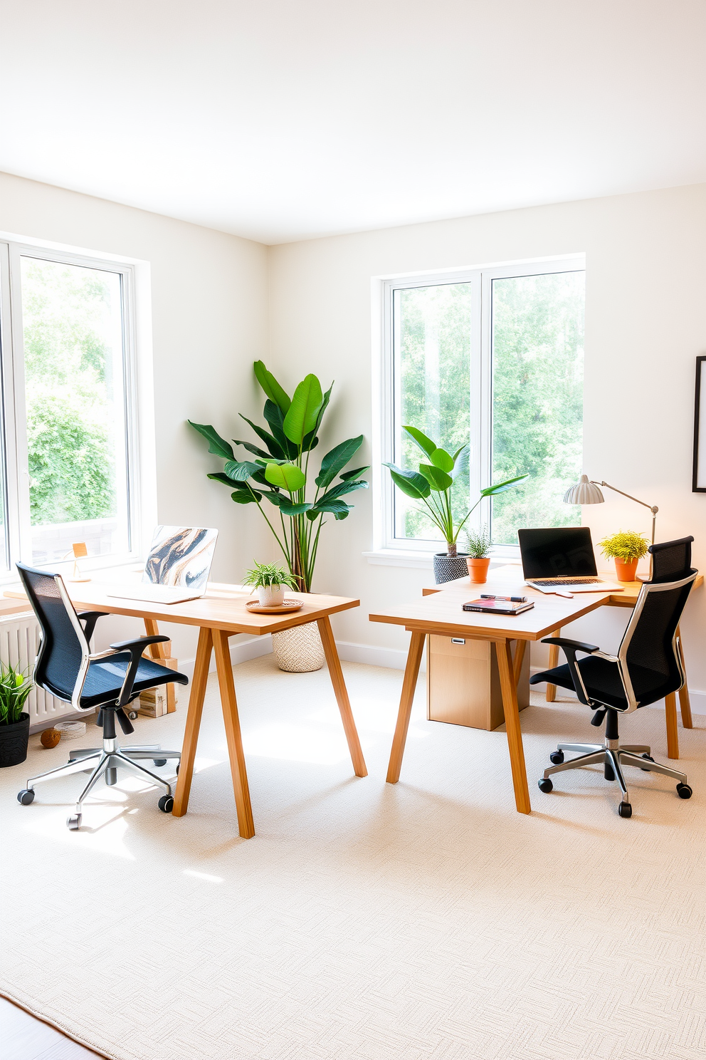 A stylish home office designed for two individuals with distinct workspaces. Each workspace features a sleek desk made of natural wood paired with ergonomic chairs, while potted plants are strategically placed to bring a fresh vibe into the room. The walls are painted in a soft neutral color, creating a calming atmosphere. Large windows allow natural light to flood the space, enhancing productivity and well-being.