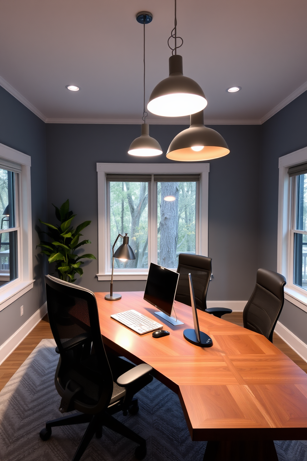 A modern home office featuring stylish lighting that enhances productivity. The space includes a large wooden desk with dual ergonomic chairs, and sleek pendant lights hang above for optimal illumination. The design incorporates a calming color palette of soft blues and grays. Large windows allow natural light to flood the room, complemented by strategically placed task lighting for focused work.