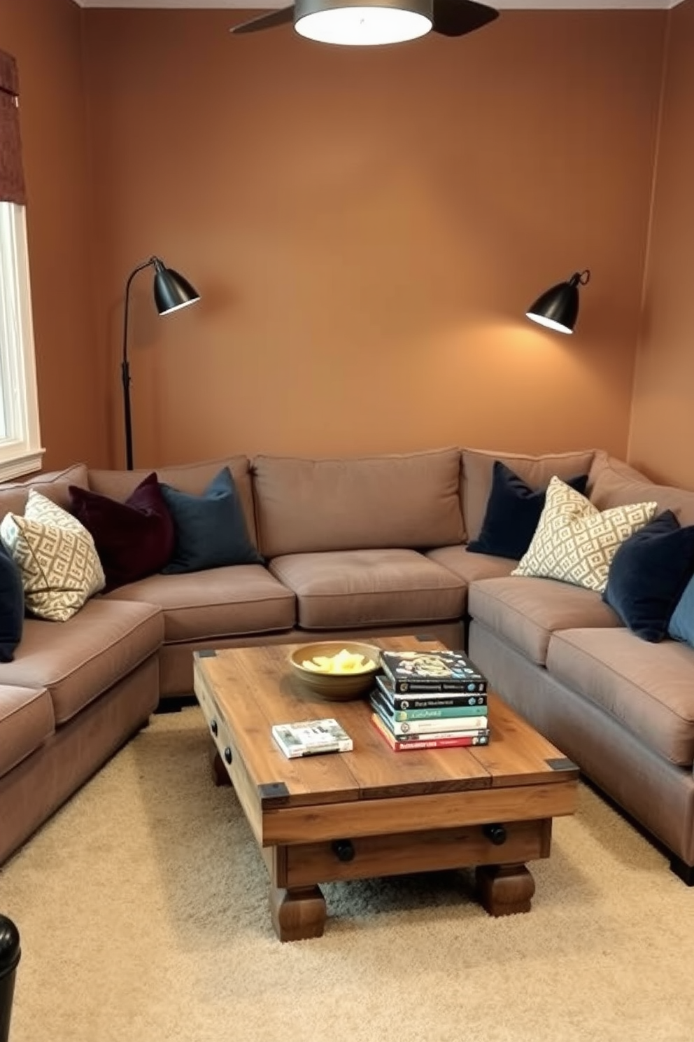 A cozy game room featuring plush bean bags in various colors arranged around a low coffee table. The walls are adorned with framed posters of classic video games, and soft LED lights create a warm ambiance.