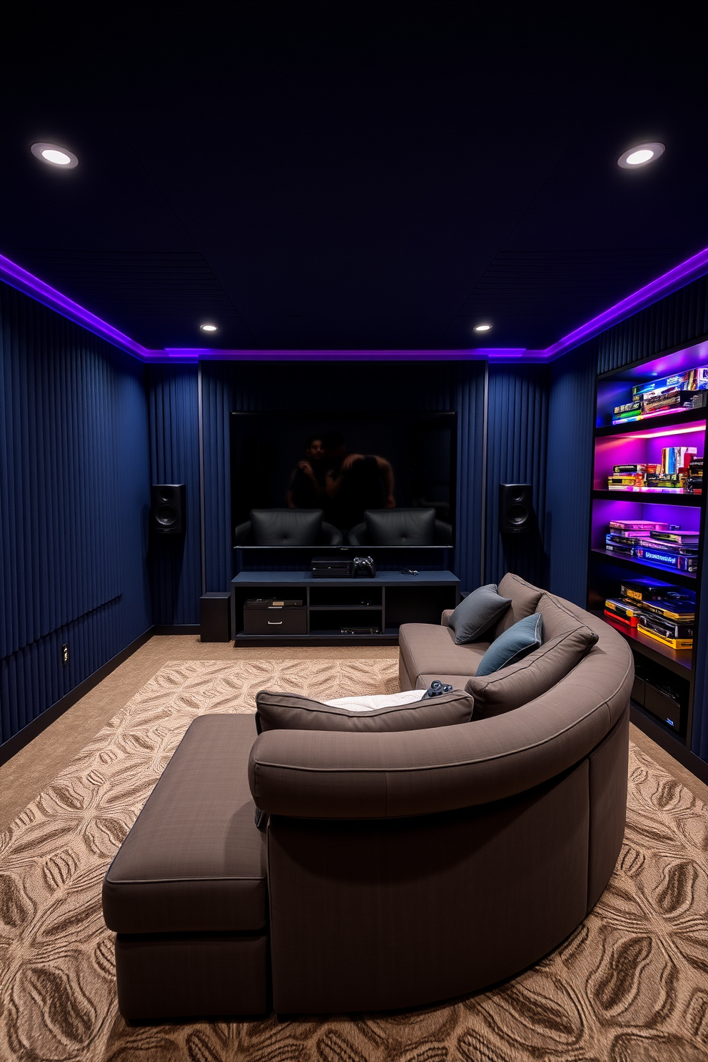 A modern gaming console station featuring a sleek black entertainment unit with built-in shelves for game storage. The cables are neatly organized and hidden behind the unit, creating a clean and clutter-free look in the vibrant game room. The walls are painted in a deep navy blue, complemented by LED strip lighting that adds a dynamic touch. A plush gaming chair is positioned in front of the console, while colorful artwork and posters of popular games adorn the walls.