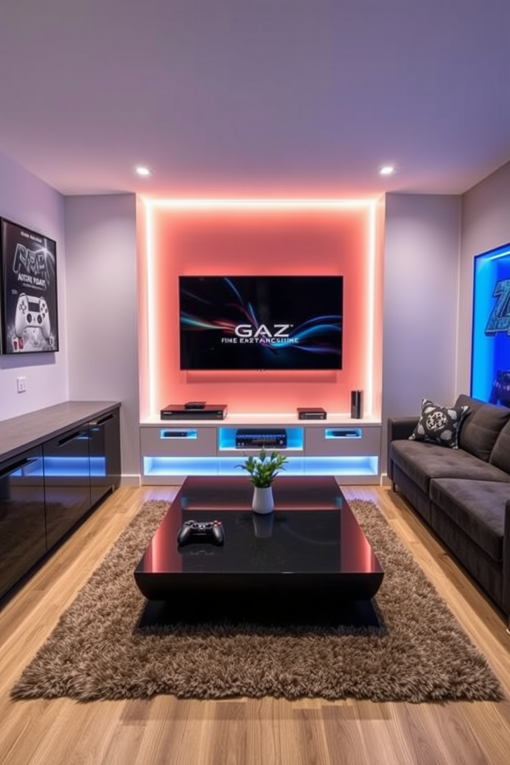 Custom shelving for displaying trophies. The shelves are crafted from dark wood, featuring elegant LED lighting to highlight each trophy beautifully. Home game room design ideas. The space includes a plush sectional sofa, a large flat-screen TV mounted on the wall, and a pool table at the center, surrounded by vintage arcade games.