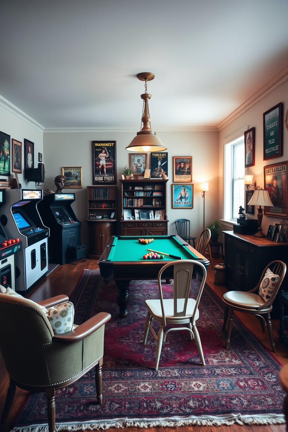 A cozy game room featuring comfortable lounge chairs with footrests arranged around a low coffee table. The walls are painted in a warm, inviting color, and soft lighting creates a relaxed atmosphere for entertaining friends.