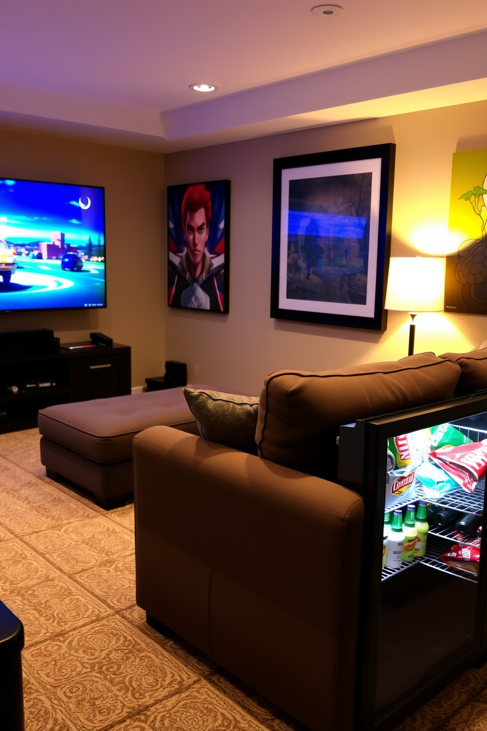 A cozy home game room featuring a stylish mini fridge stocked with snacks and drinks. The room includes a plush sectional sofa facing a large screen, with vibrant wall art and ambient lighting creating an inviting atmosphere.