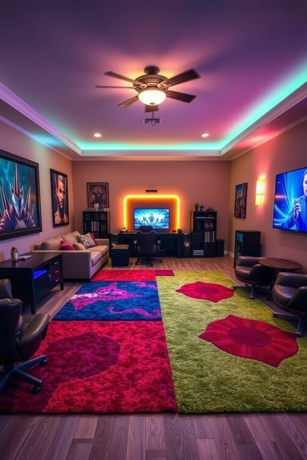 A vibrant home game room featuring a large chalkboard wall dedicated to scorekeeping and notes. The space is filled with a cozy sectional sofa and a sleek coffee table, creating a welcoming atmosphere for friends and family.