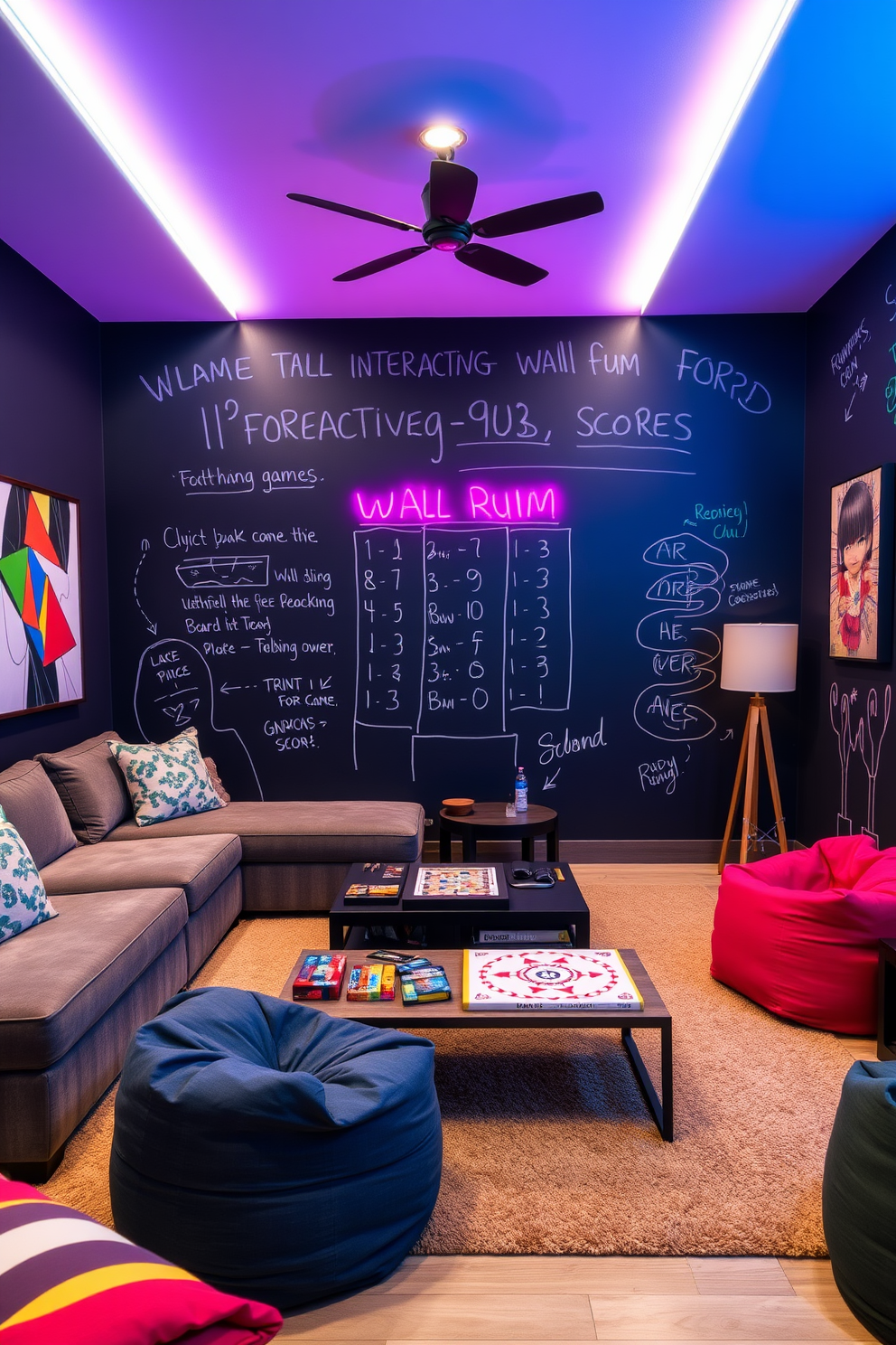 A vibrant home game room designed for interactive wall fun features a large chalkboard wall where guests can draw and write scores. The room includes comfortable seating options such as a sectional sofa and bean bags, creating a cozy atmosphere for game nights. The decor is enhanced with colorful artwork and neon lights that reflect a playful ambiance. A multi-functional coffee table serves as both a game surface and storage for board games and snacks.