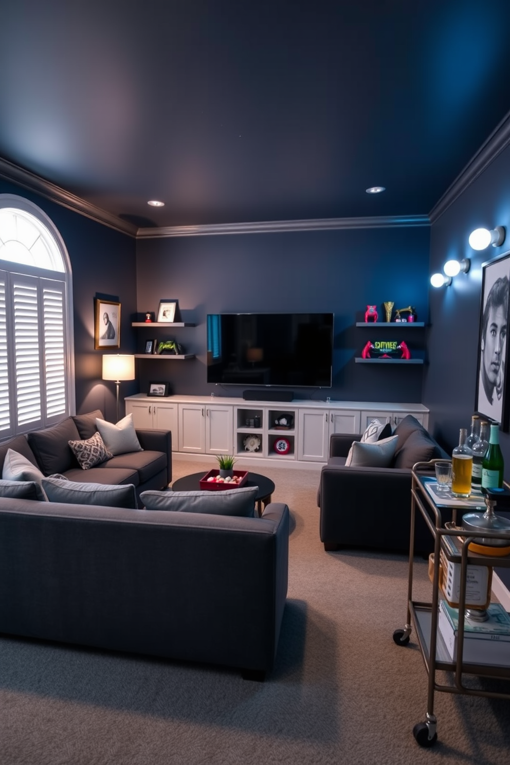 A cozy home game room featuring plush seating arranged around a large flat-screen TV. The walls are painted in a deep navy blue, and the floor is covered with a soft gray carpet. Mood lighting is provided by smart bulbs that can be adjusted to create the perfect ambiance for gaming or relaxation. Accent shelves display collectibles and games, while a stylish bar cart offers drinks and snacks for entertaining guests.