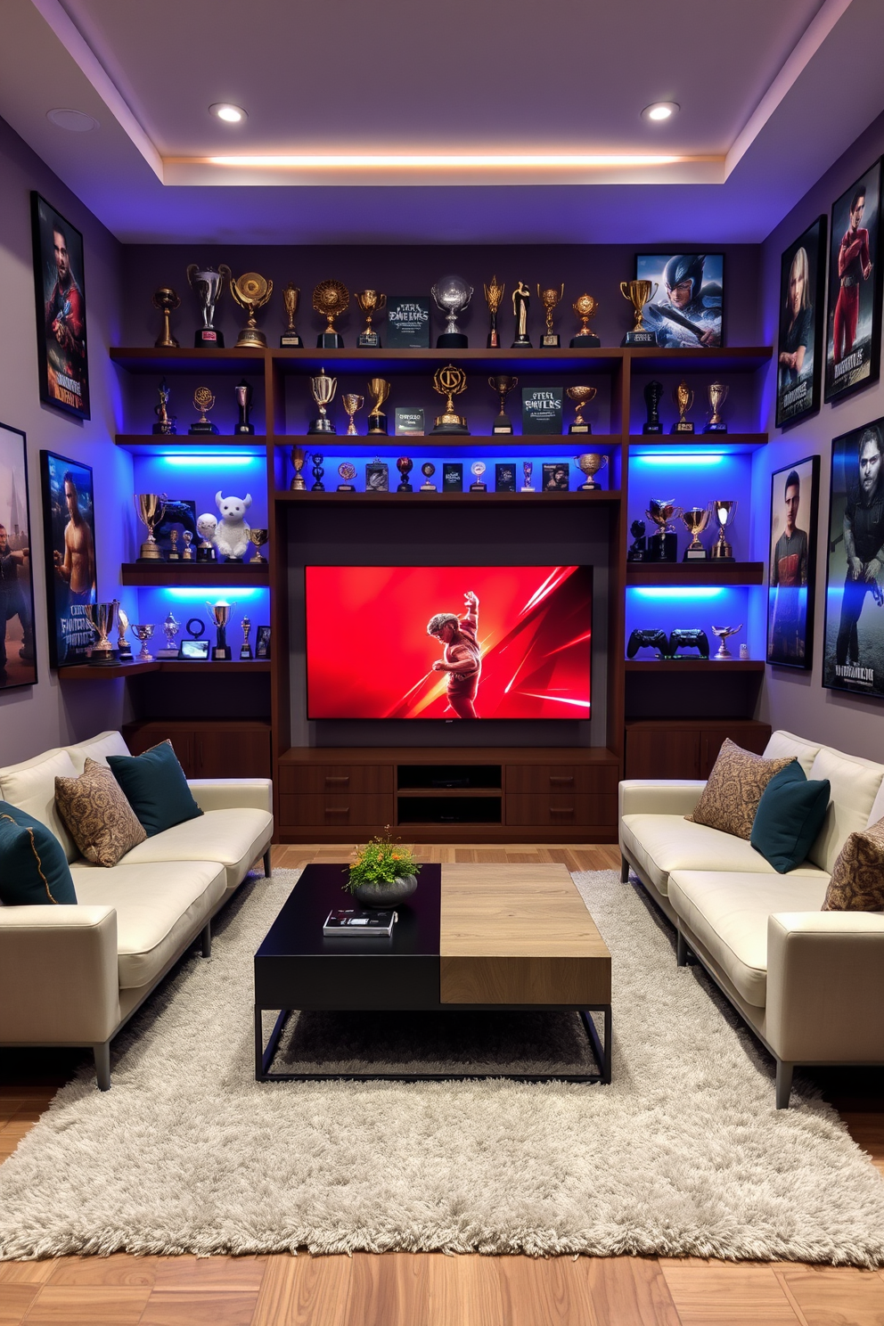 A personalized gaming trophies display area features custom shelving to showcase an impressive collection of trophies and awards. The walls are adorned with framed posters of favorite games, and ambient LED lighting highlights the trophies for an eye-catching effect. The home game room design includes a comfortable sectional sofa arranged around a large screen for gaming and movie nights. A stylish coffee table sits in the center, and the floor is covered with a plush area rug that adds warmth to the space.