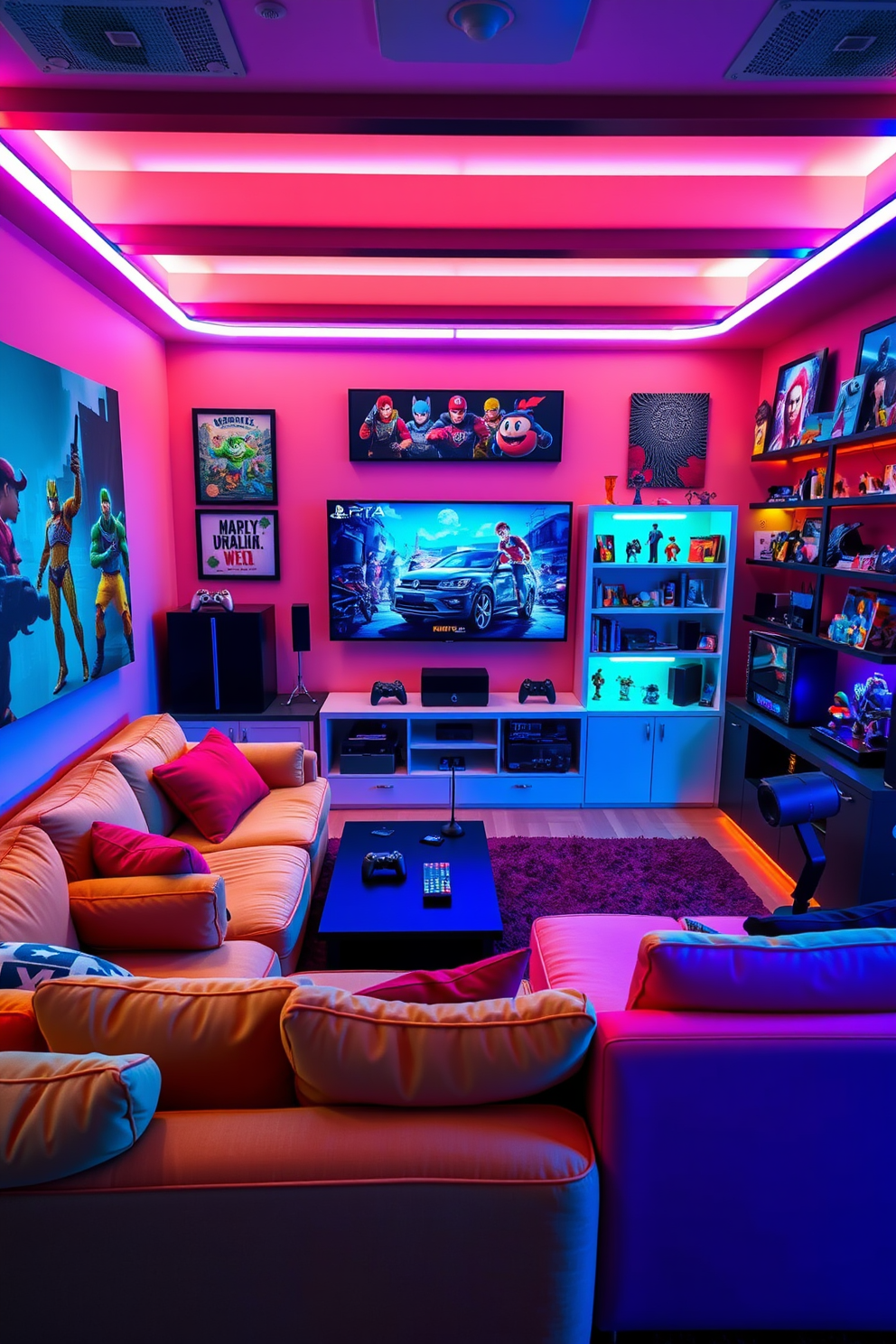 A vibrant game room inspired by favorite video games. The walls are adorned with art featuring iconic characters and scenes, while a plush sectional sofa in bright colors provides ample seating for friends. A large gaming console is displayed on a sleek media unit, surrounded by shelves filled with collectibles and memorabilia. Soft LED lighting in various hues creates an immersive atmosphere, enhancing the excitement of gaming sessions.