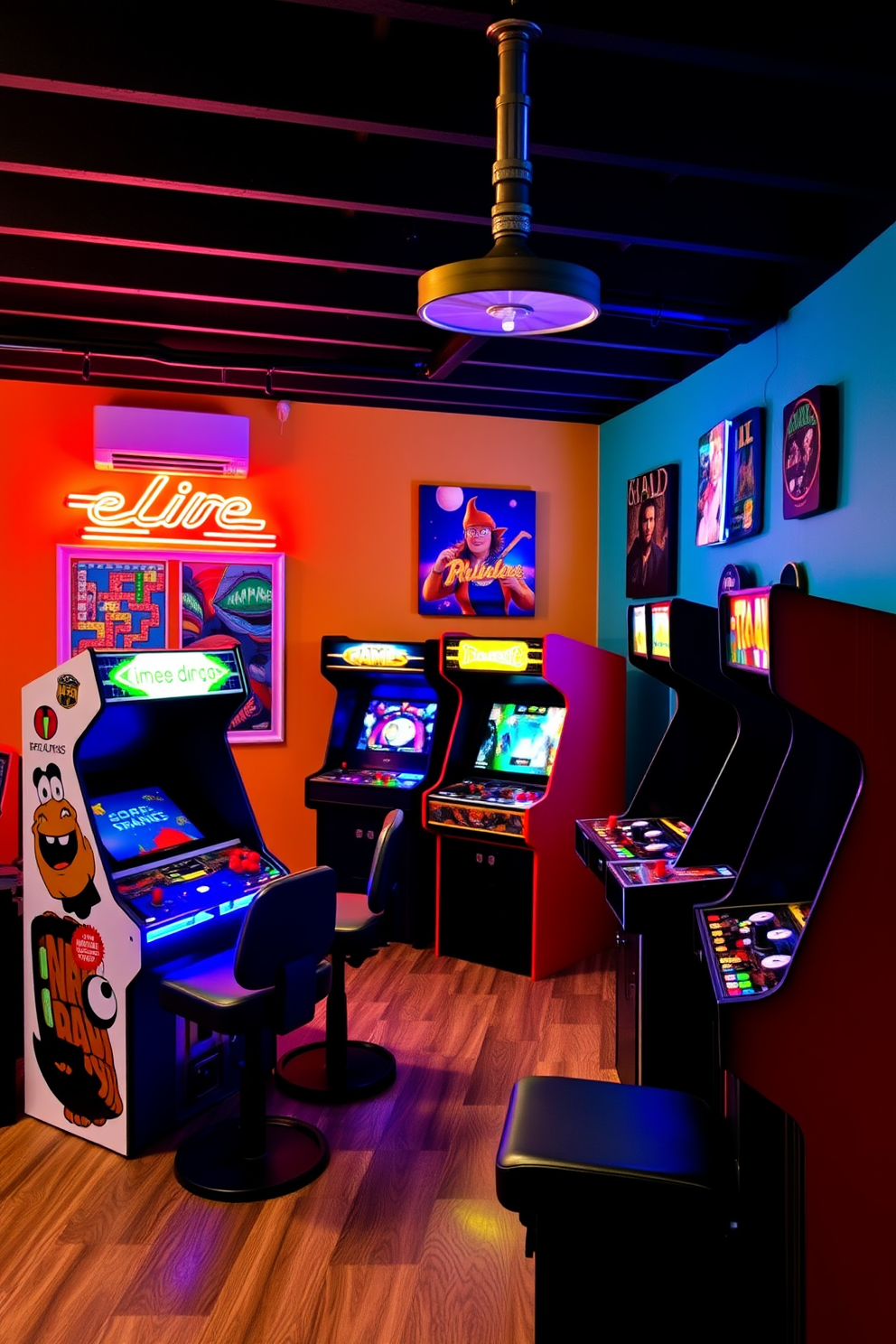 A vibrant home game room featuring vintage arcade machines lined up against a brightly colored wall. The floor is covered with a soft, plush carpet in a bold geometric pattern, creating a cozy atmosphere for retro fun. In the center of the room, a large bean bag chair invites relaxation, while neon lights illuminate the space, enhancing the nostalgic vibe. A small coffee table holds a collection of classic gaming magazines, adding to the room's charm and character.