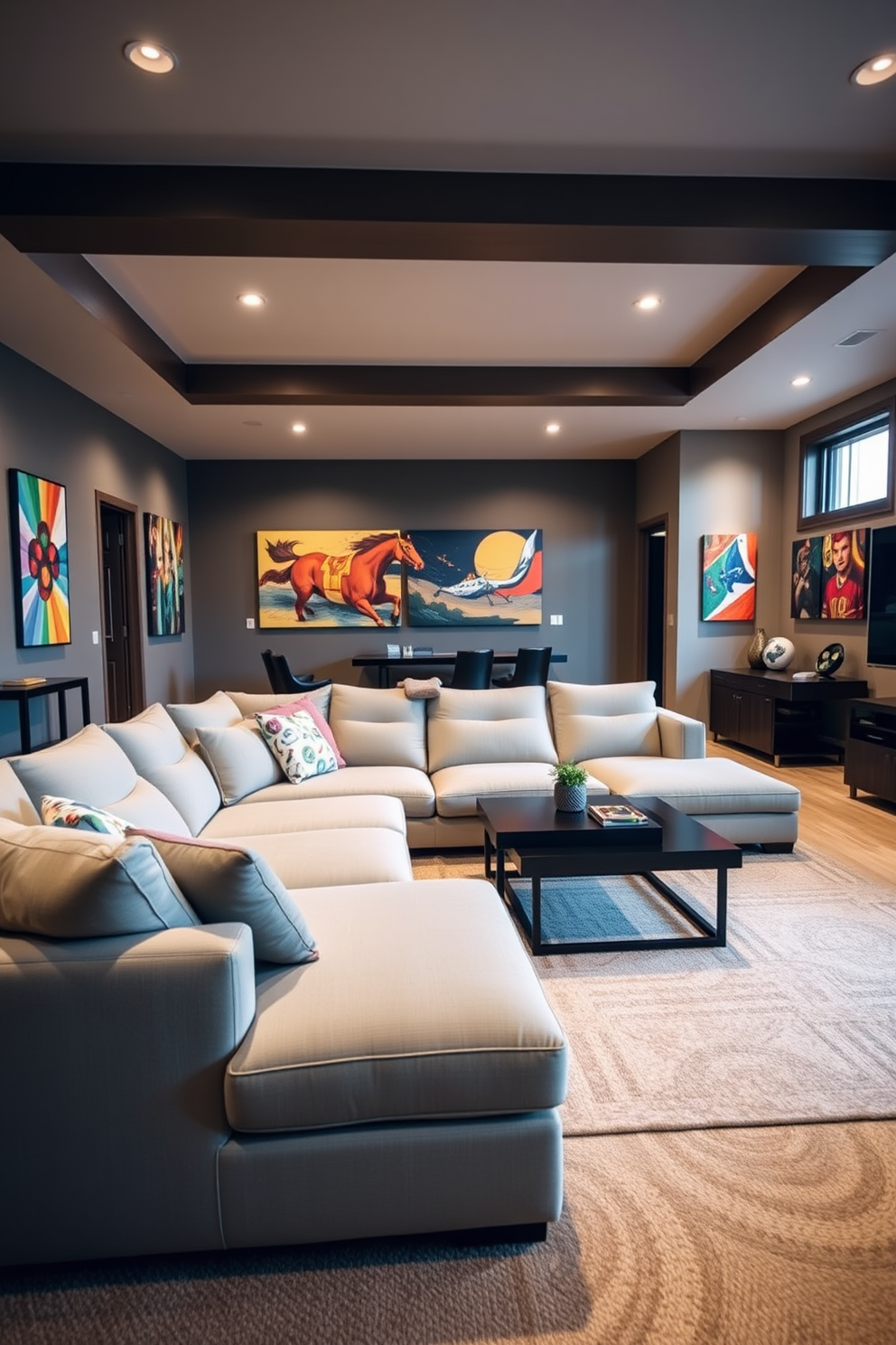 A cozy home game room featuring built-in benches with storage underneath. The benches are upholstered in a soft gray fabric, providing comfortable seating while blending seamlessly with the warm wooden accents of the room. The walls are adorned with vibrant artwork that reflects the spirit of gaming, creating an inviting atmosphere. A large coffee table sits in the center, surrounded by plush rugs, enhancing the room's comfort and style.