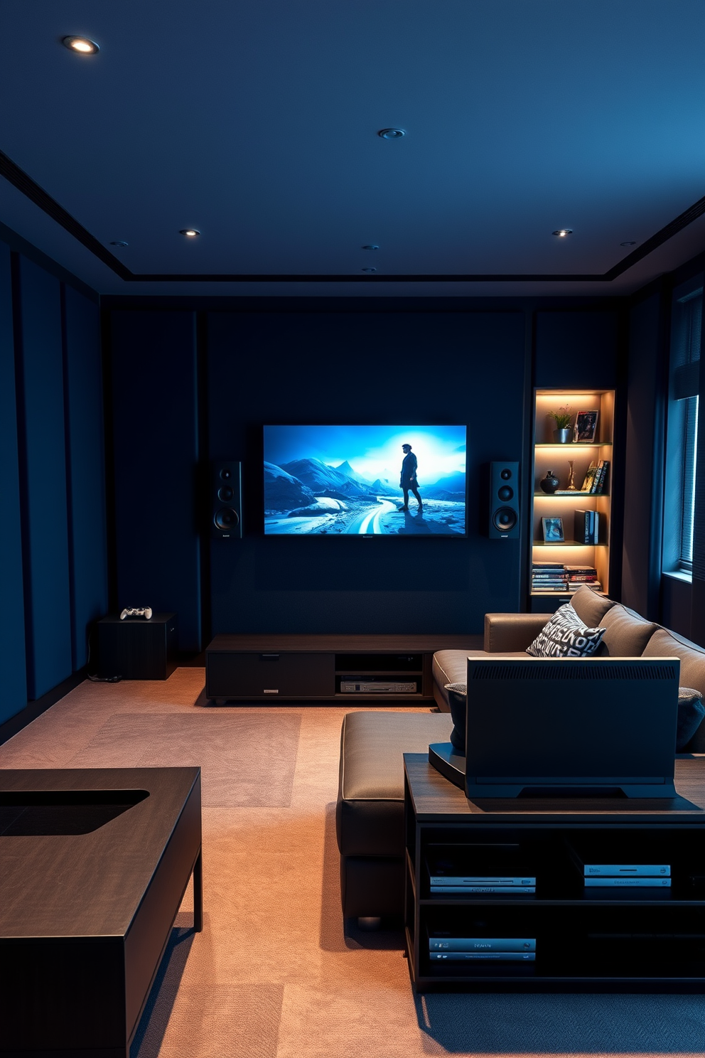 A modern game room featuring integrated speakers for an immersive sound experience. The room includes a large sectional sofa facing a wall-mounted flat-screen TV, with ambient lighting creating a cozy atmosphere. The walls are adorned with soundproof panels in deep blue tones, enhancing both acoustics and aesthetics. A sleek gaming console is placed on a stylish media console, with shelves displaying games and collectibles.