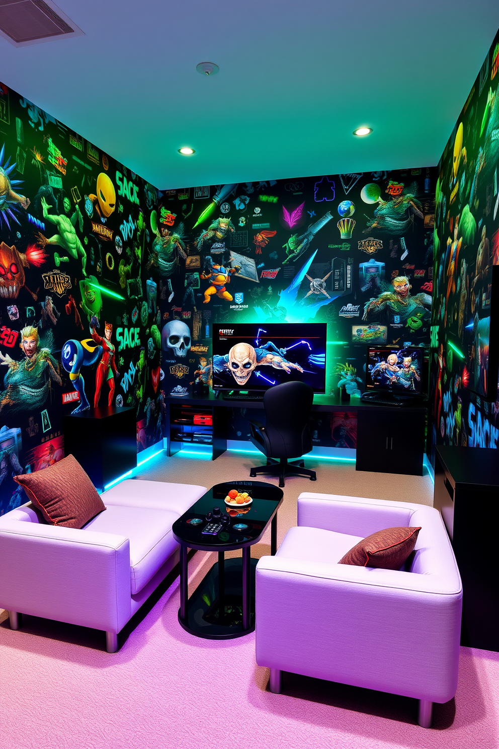 A vibrant home game room featuring game-themed wallpaper that showcases iconic video game characters and elements. The room includes a sleek gaming console setup with plush seating and ambient LED lighting for an immersive experience.