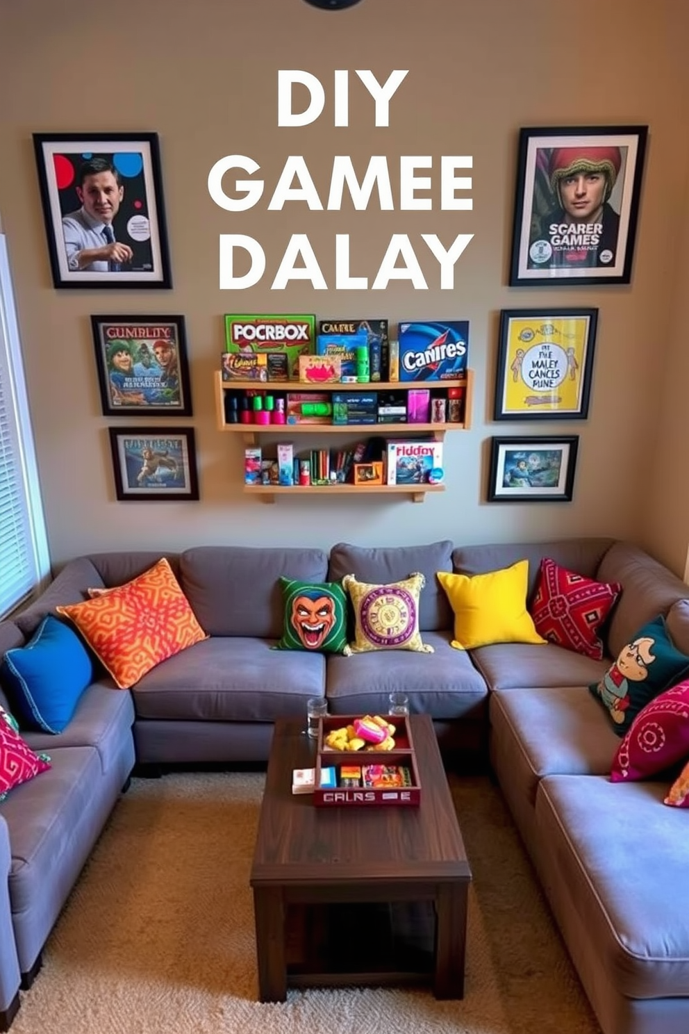 A DIY game board display featuring a wall-mounted shelf filled with various board games and colorful game pieces. The shelf is complemented by framed artwork showcasing popular game covers, creating an engaging focal point in the room. A cozy home game room designed for relaxation and fun, featuring a large sectional sofa with vibrant throw pillows. The room is illuminated by warm lighting, and a coffee table in the center holds snacks and drinks for game night gatherings.